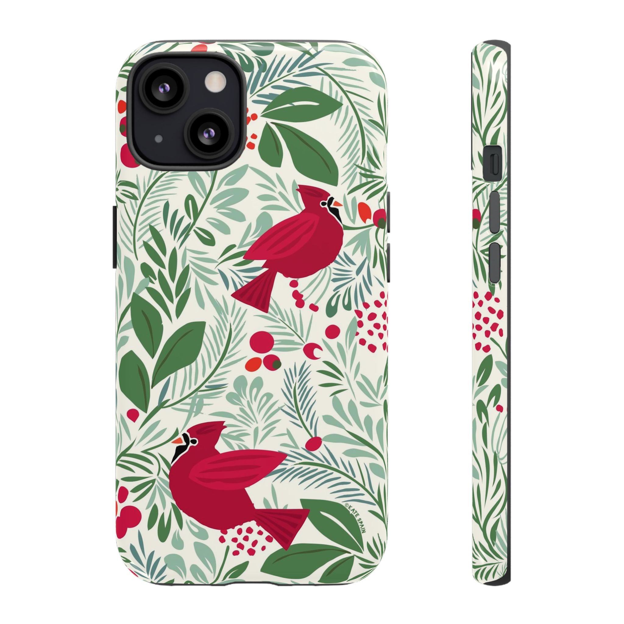 Birds and Berries Tough iPhone 13 Case – Matte | cream, red, green botanical cardinal berry print