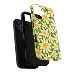 Shasta Daisy MagSafe iPhone 17 Case – Dual-layered view of case and inner lining in front of phone, with view of camera cutout and buttons | green, white, yellow daisy floral print