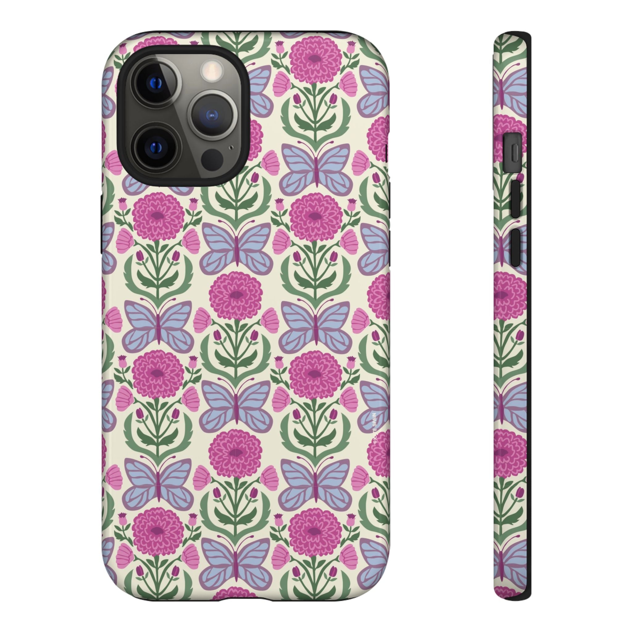 Butterfly Tough iPhone 12 Pro Max Case – Glossy | cream, magenta, periwinkle butterfly floral print