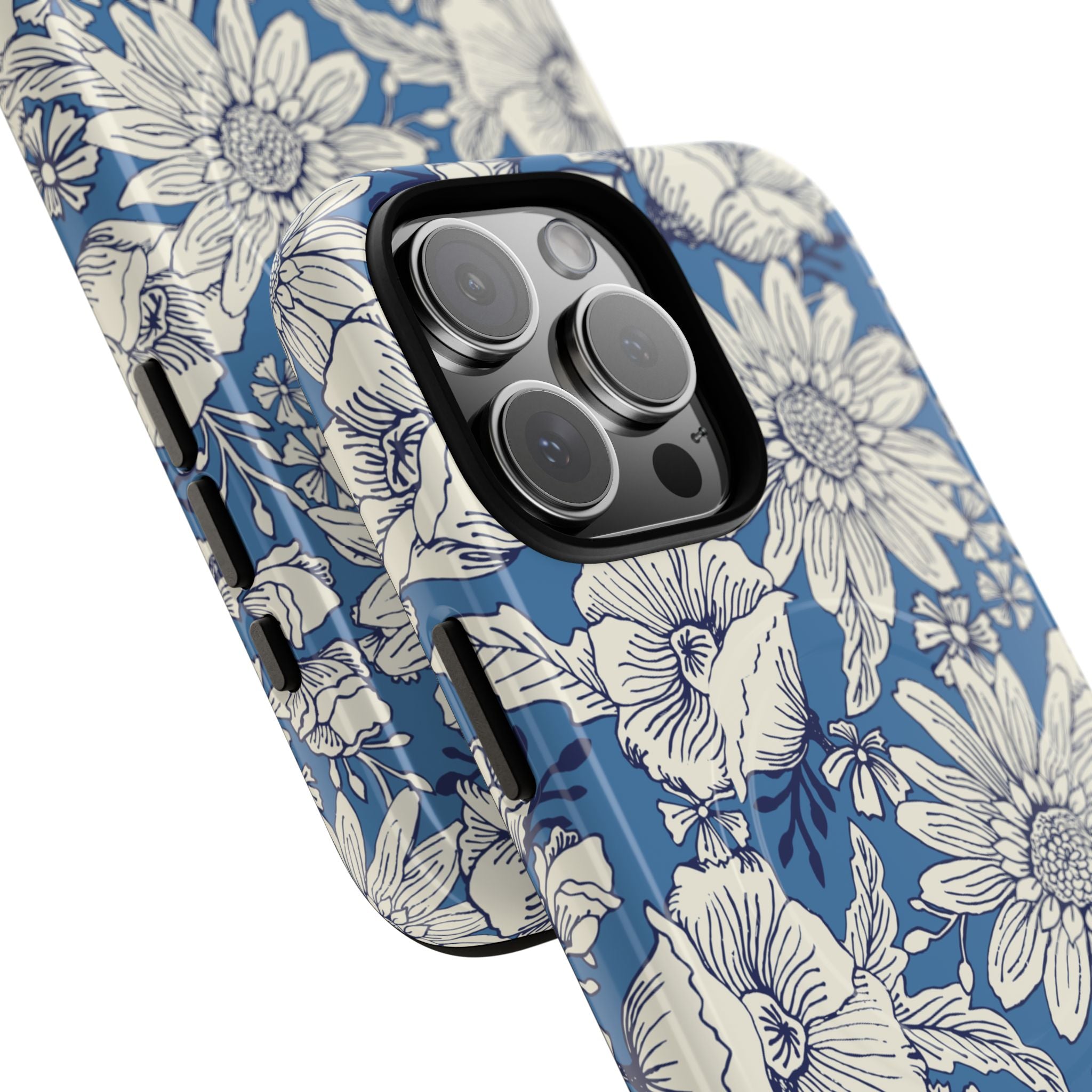 Jardin Blue MagSafe iPhone 16 Pro Max Case – Glossy | blue and cream botanical garden print | angled view closeup of camera cutout and buttons