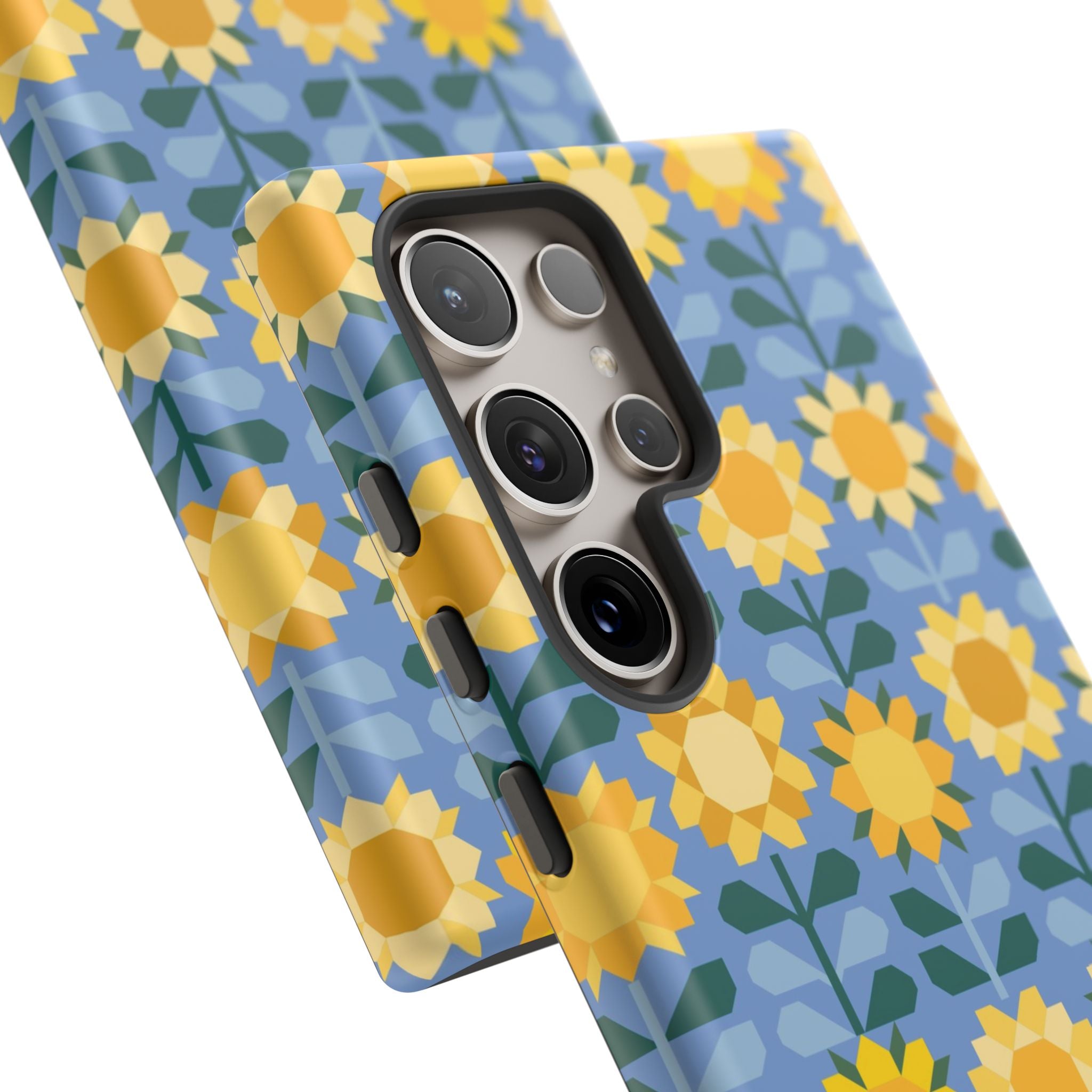 Luxury Sunflowers Samsung Galaxy S24 Ultra Case – Glossy | close-up of 5 camera lenses in case in blue, yellow, gold geometric sunflower print