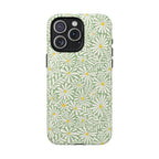Montauk Daisy Meadow Green MagSafe iPhone 15 Pro Max Case – Glossy | sage green, white graphic daisy and fern print, golden yellow centers MagSafe compatible, dual-layer protection