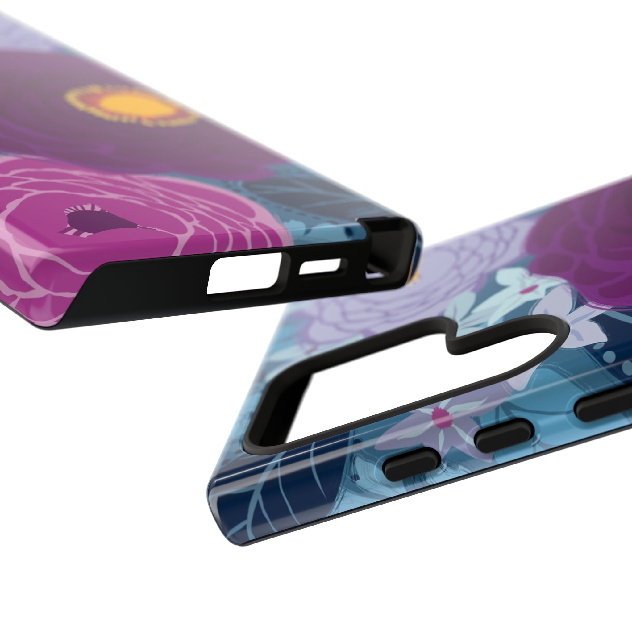 Bloomerie Samsung Galaxy S24 Ultra Case – Glossy | DETAIL of case side structure in navy, purple, magenta botanical peony floral print