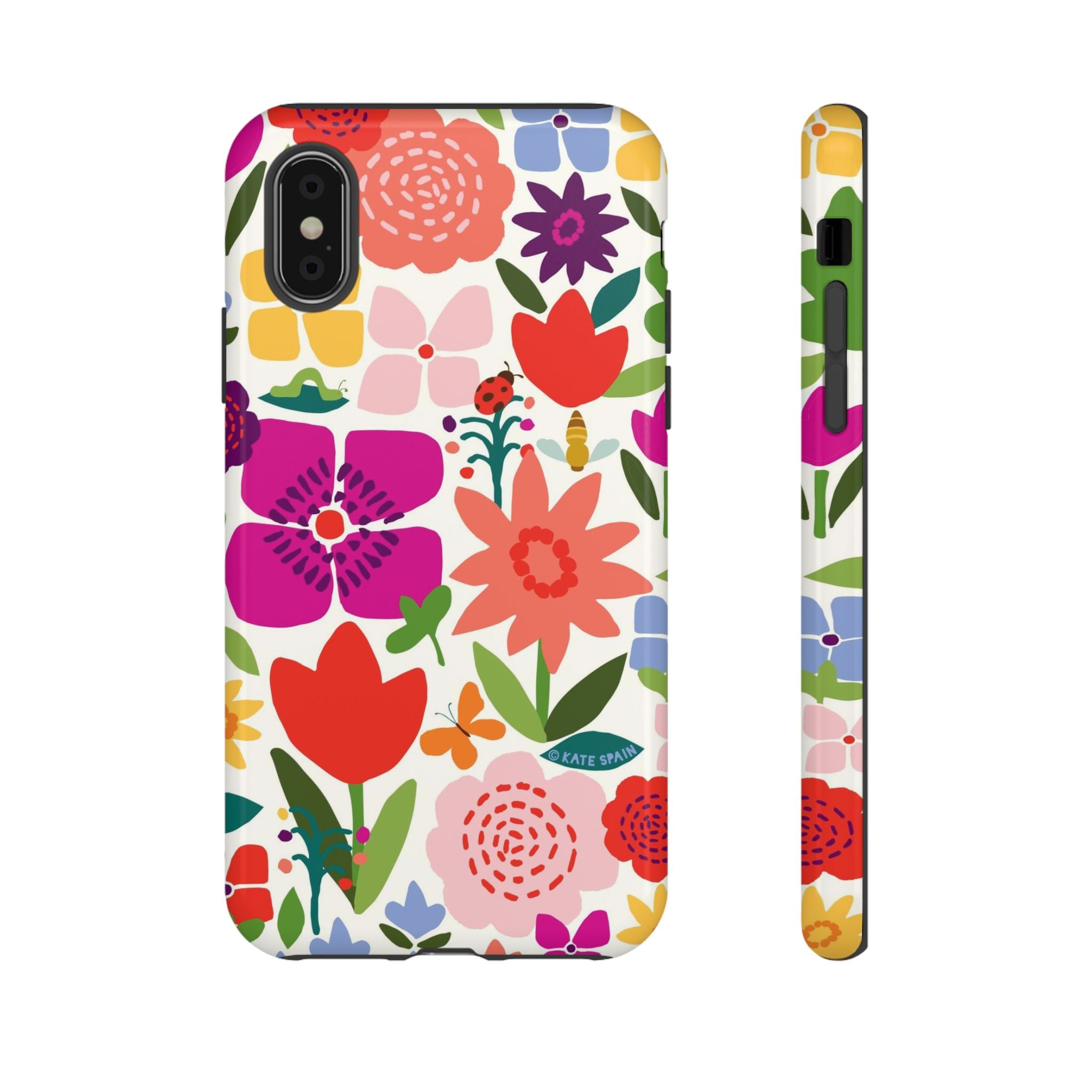 Happy Blooms Tough iPhone XS Case – Glossy | cream, red, magenta, coral botanical floral print