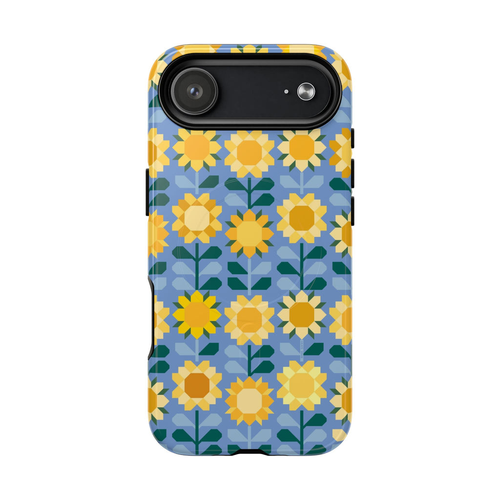 Sunflowers MagSafe iPhone 17 Air Case – Glossy | blue, yellow, gold geometric sunflower print
