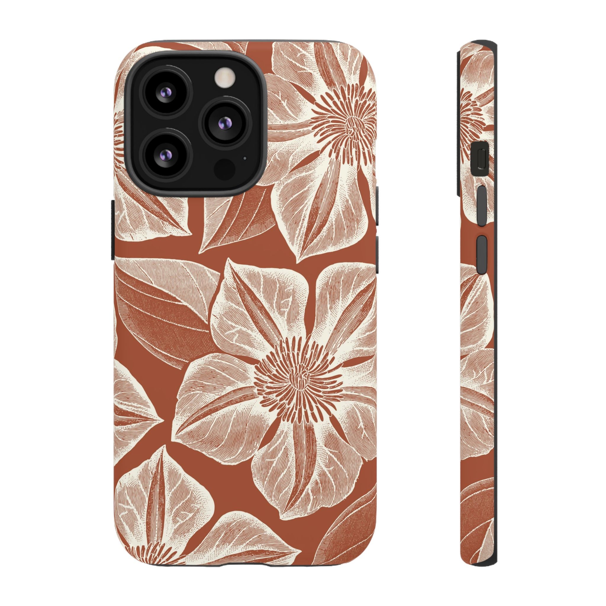 Vintage Bloom Sienna iPhone 13 Pro case – Matte | sienna ground, large-scale cream clematis print, engraved petal detail, dual-layer protection