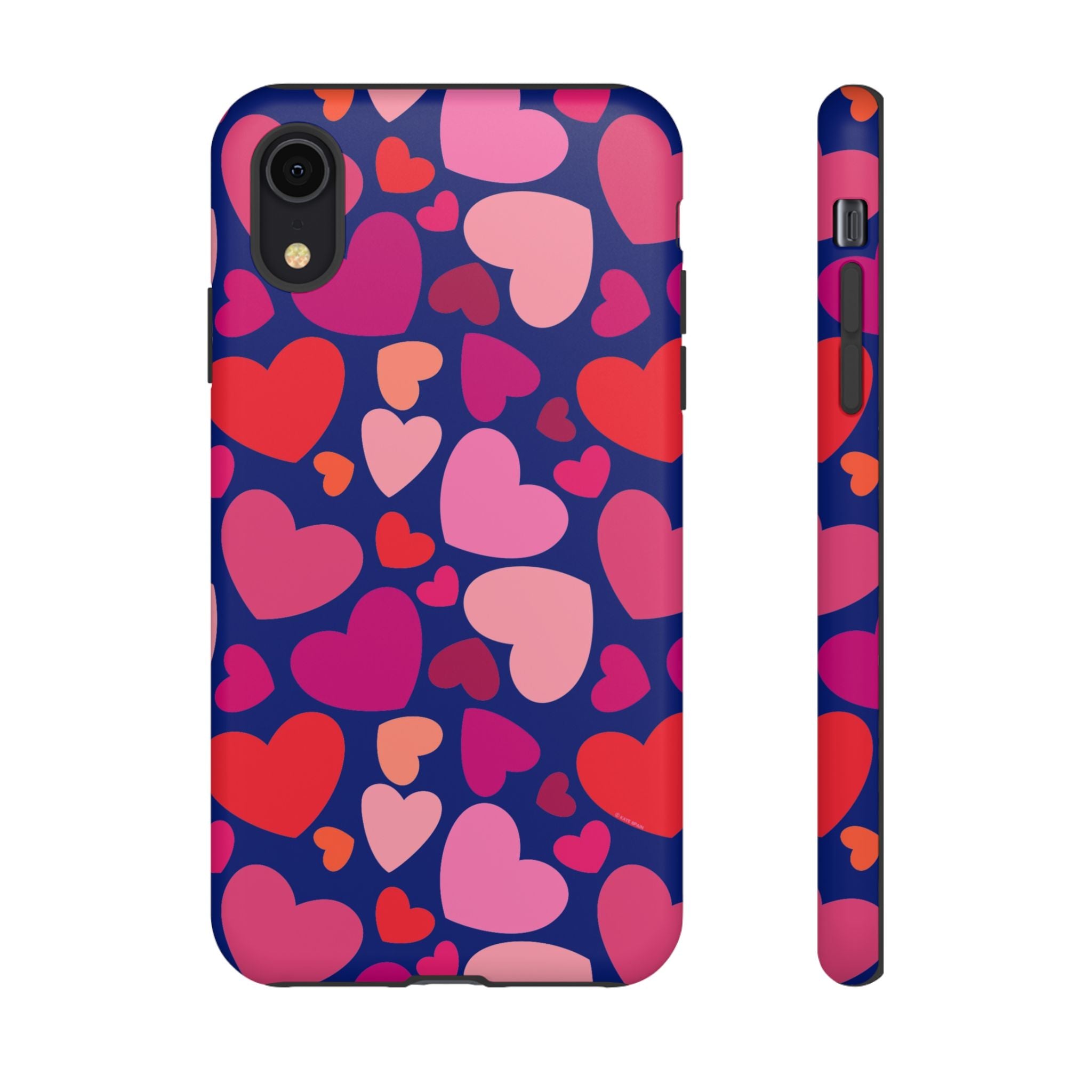Hearts Tough iPhone XR Case – Matte | navy, pink, red, coral scattered heart print