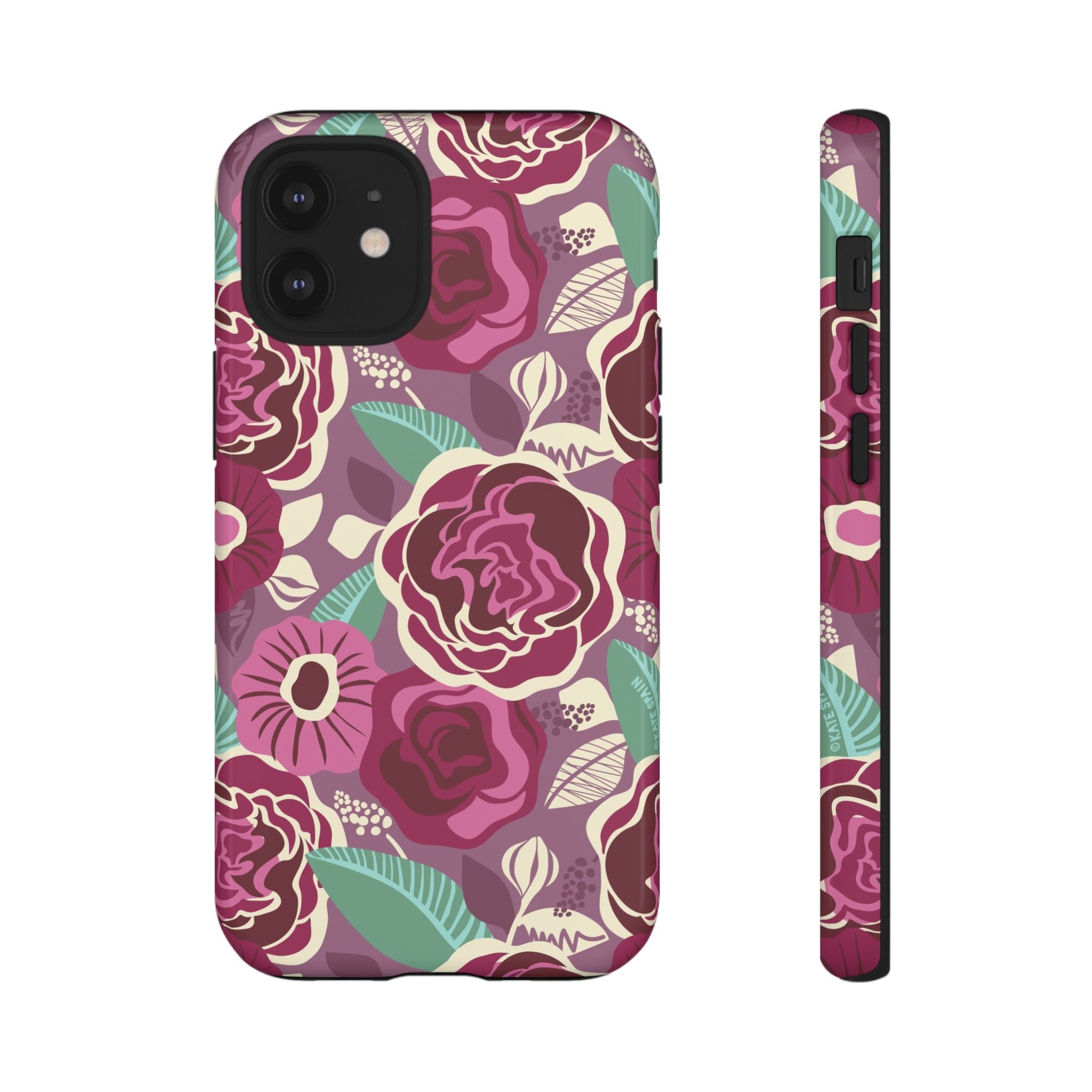 Tea Rose Burgundy Tough iPhone 12 Mini Case – Glossy | burgundy, magenta, plum botanical rose floral print