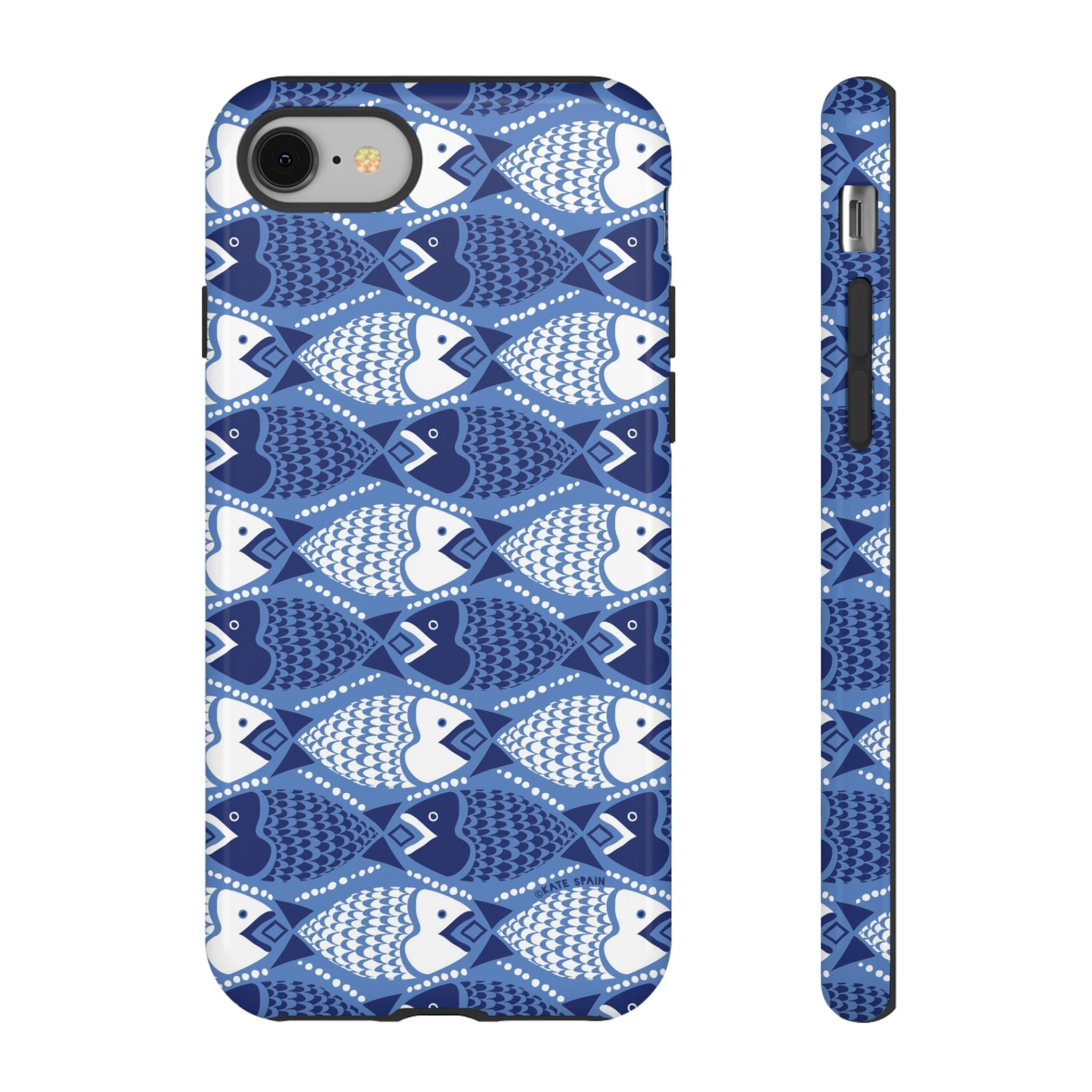 Catch of the Day Tough iPhone 8 Case – Glossy | navy, blue, white geometric fish print