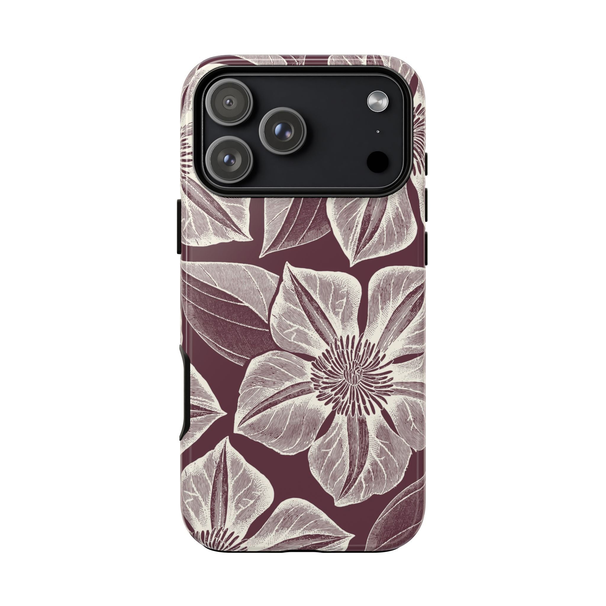 Vintage Bloom Burgundy iPhone 17 Pro Max case – Glossy | burgundy ground, large-scale cream clematis print, engraved petal detail, dual-layer protection
