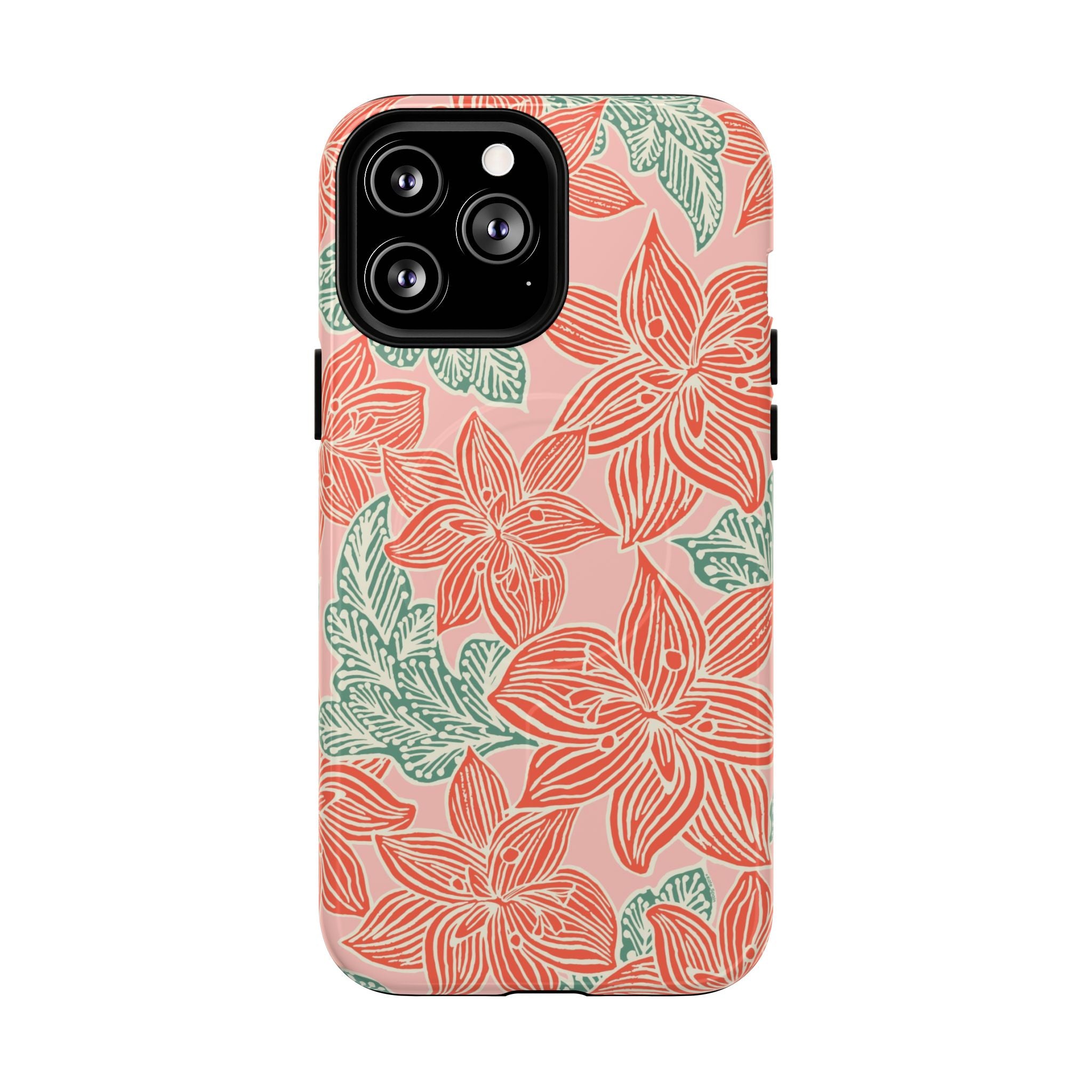 Hibiscus Coral MagSafe iPhone 13 Pro Max Glossy Case — blush pink hard case with large-scale coral red hibiscus flowers and teal-green leaves in a bold botanical linework print, densely layered across the surface