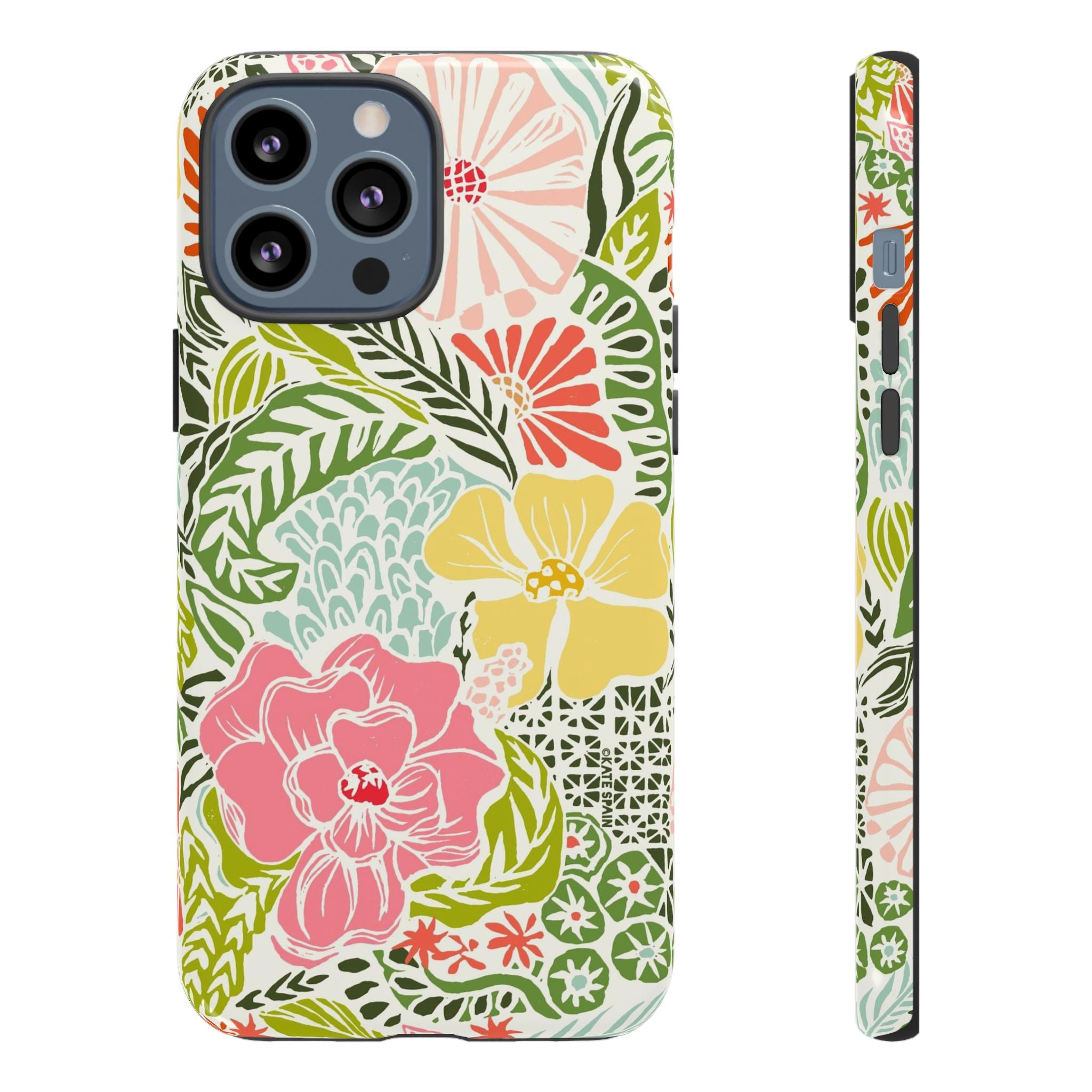 Tropica Tough iPhone 13 Pro Max Case – Glossy | cream, pink, yellow, blue botanical floral print