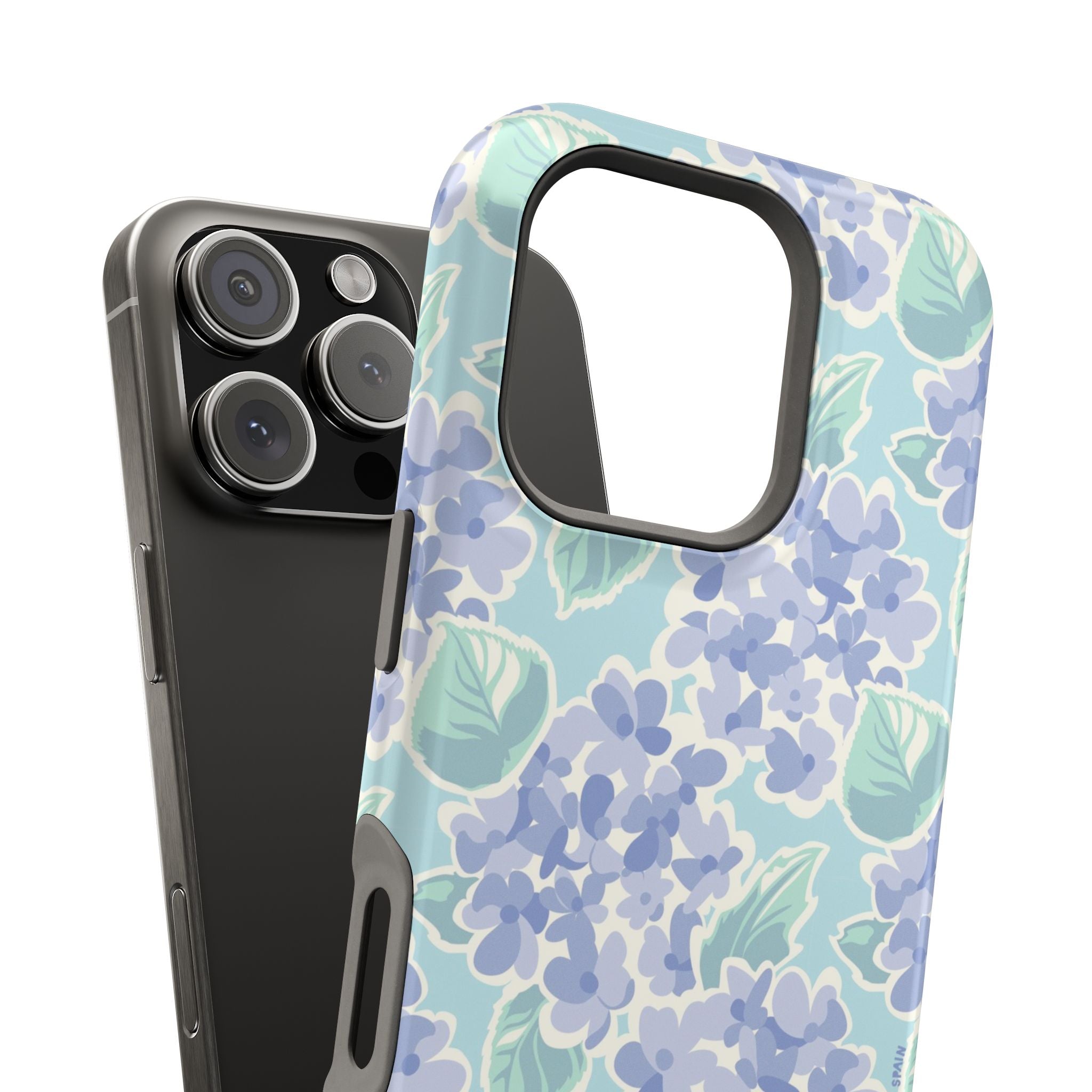 Nantucket Hydrangea MagSafe iPhone Case – detail of coastal blue and mint hydrangea artwork