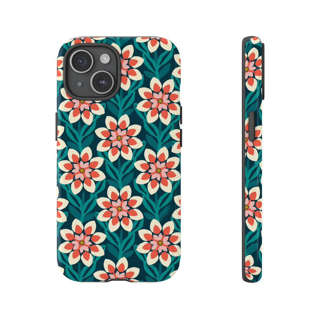 Modern Dahlia Tough iPhone 15 Case – Glossy | teal, coral, cream geometric dahlia floral print