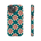 Modern Dahlia Tough iPhone 15 Case – Glossy | teal, coral, cream geometric dahlia floral print