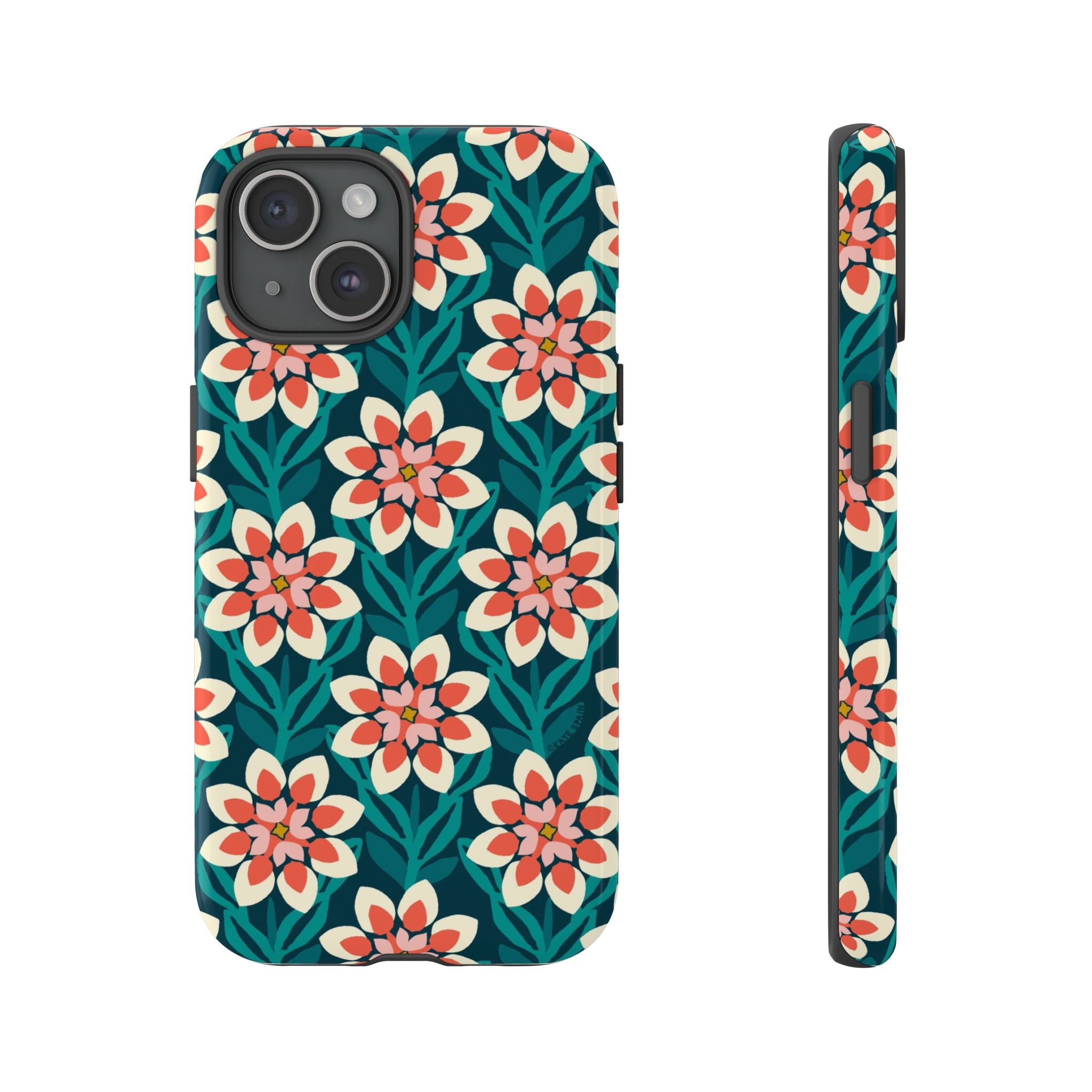Modern Dahlia Tough iPhone 15 Case – Glossy | teal, coral, cream geometric dahlia floral print