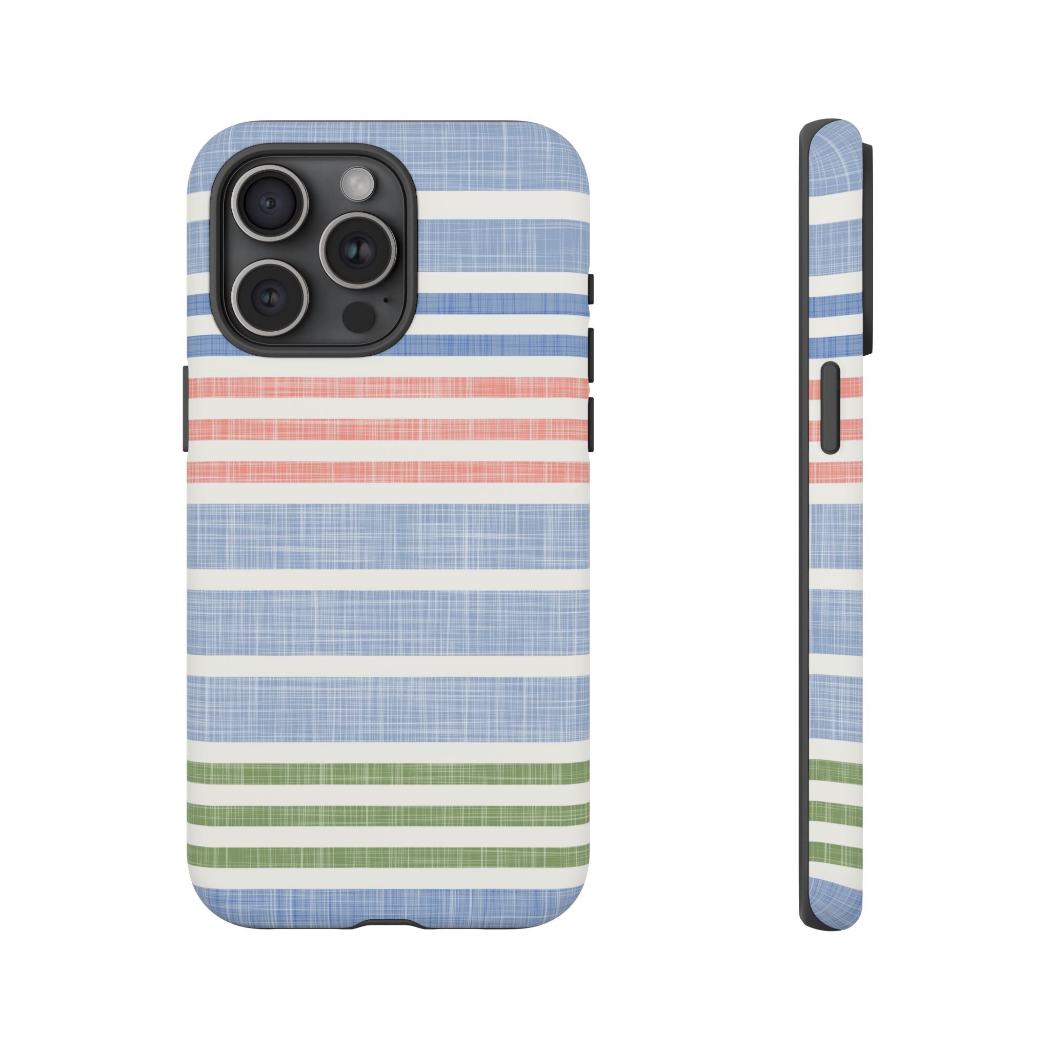 Cabana Stripe Pastel Tough iPhone 15 Pro Max Case – Matte | soft blue, coral, sage green chambray-textured stripe print dual-layer protection