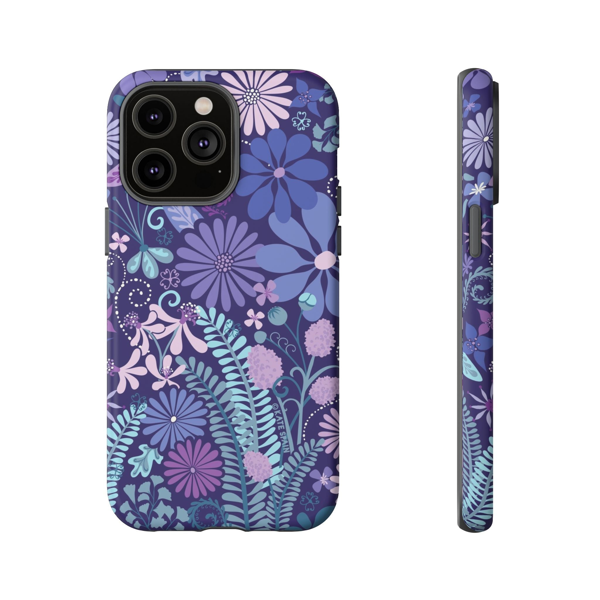 Luxury Terrain Tough iPhone 14 Pro Max Case – Matte | navy, purple, aqua botanical woodland floral print