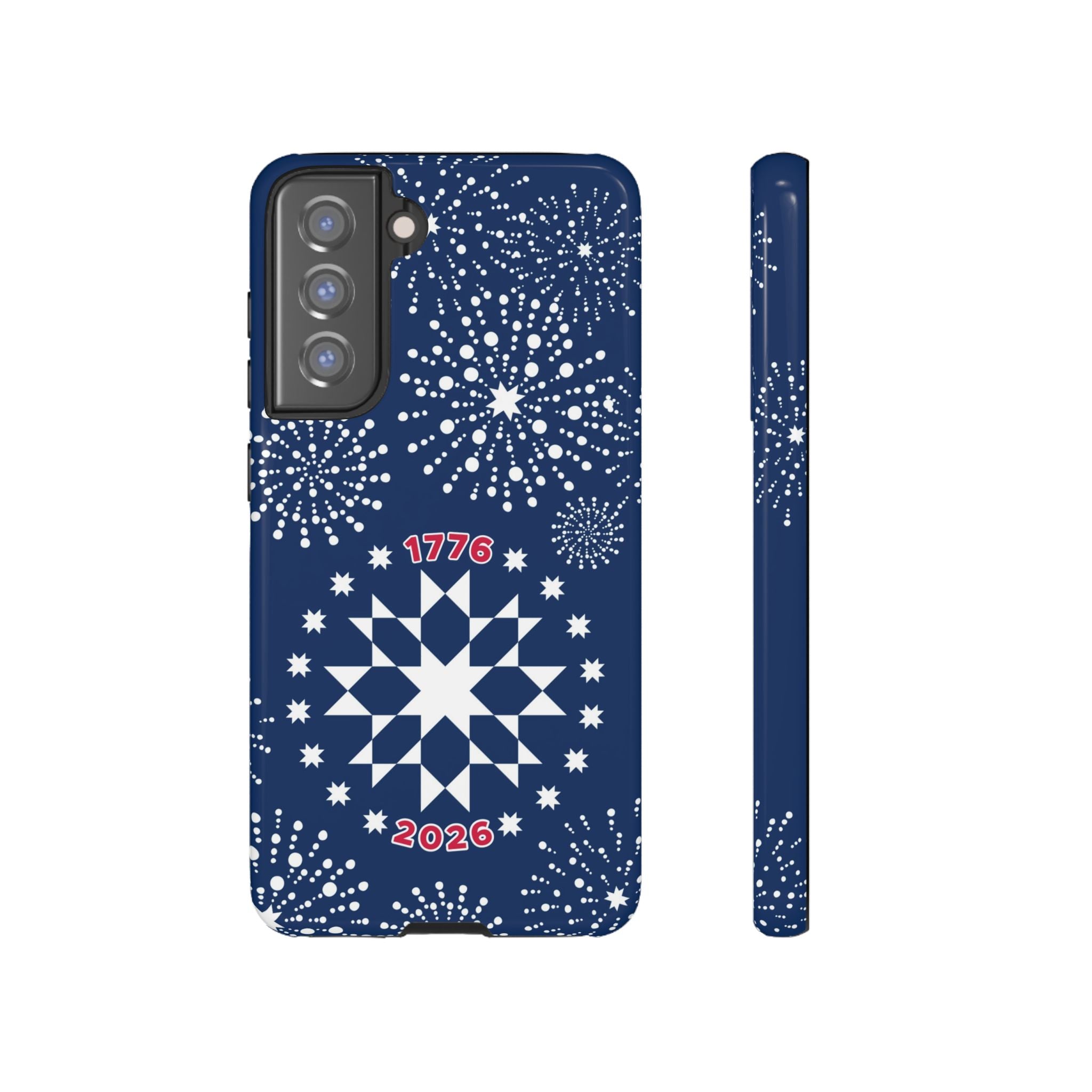 250th Fireworks Samsung Galaxy S21 FE Case – Glossy | navy, white patriotic star quilt fireworks print