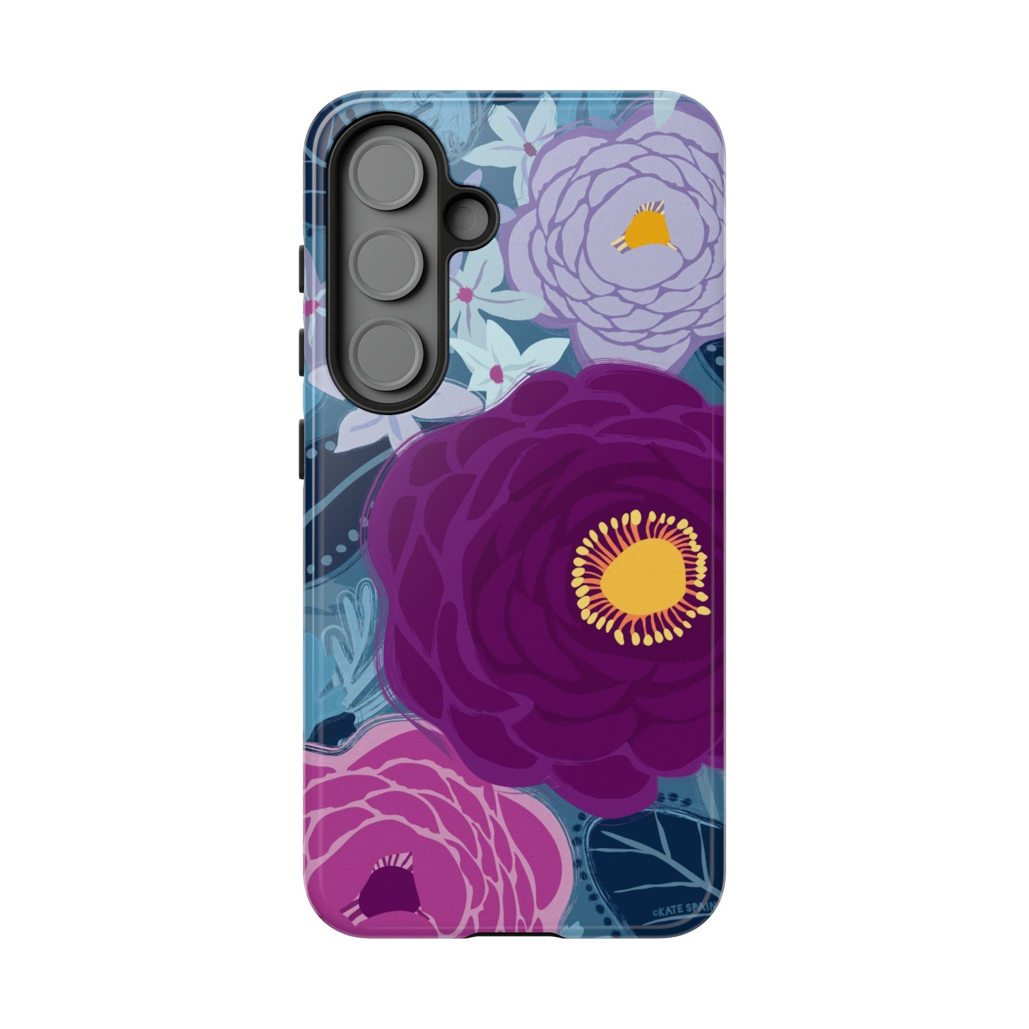 Luxury Bloomerie Samsung Galaxy S25 Plus Case – Glossy | navy, purple, magenta botanical peony floral print
