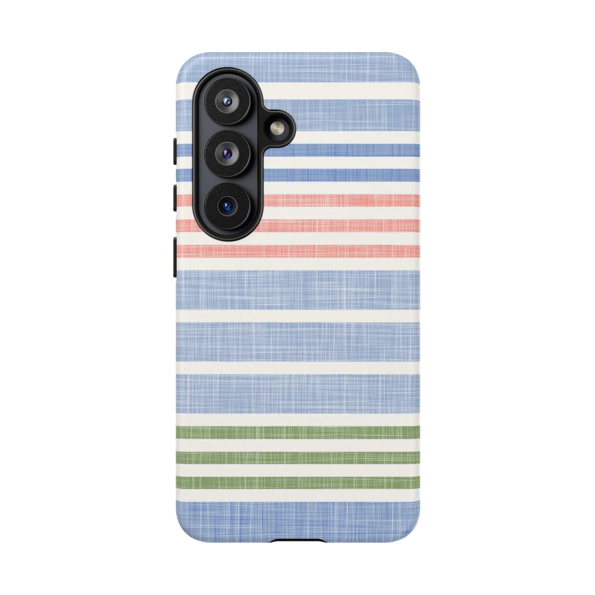 Cabana Stripe Pastel Samsung Galaxy S26 Case – Matte | soft blue, coral, sage green chambray-textured stripe print dual-layer protection