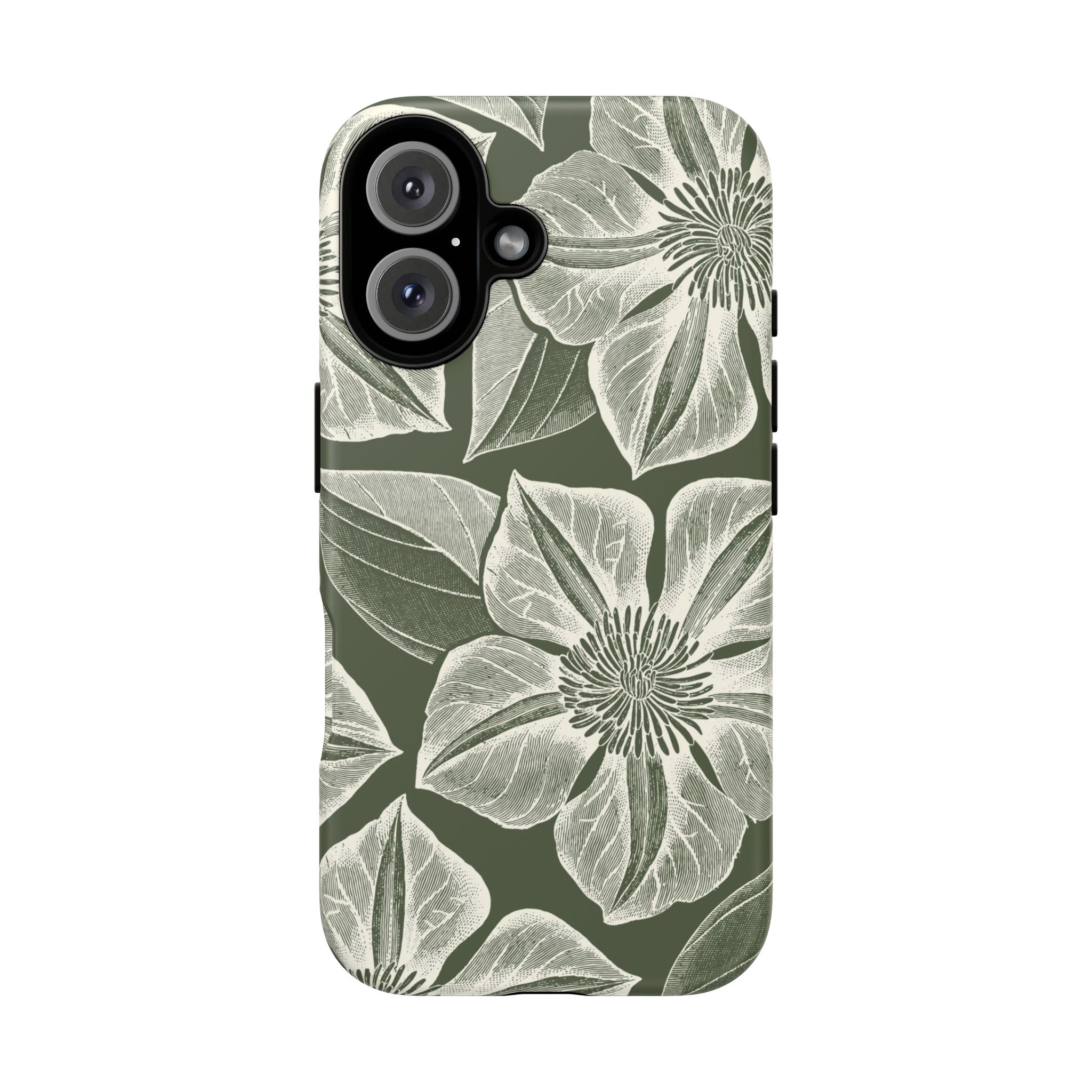 Vintage Bloom Cypress iPhone 16 case – Matte | cypress green ground, large-scale white clematis print, engraved petal detail, dual-layer protection