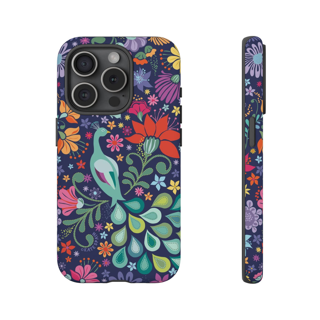 Peacock Sanctuary Tough iPhone 15 Pro Case – Matte | navy, teal, coral multicolor vibrant peacock feather botanical print