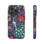 Peacock Sanctuary Tough iPhone 15 Pro Case – Matte | navy, teal, coral multicolor vibrant peacock feather botanical print