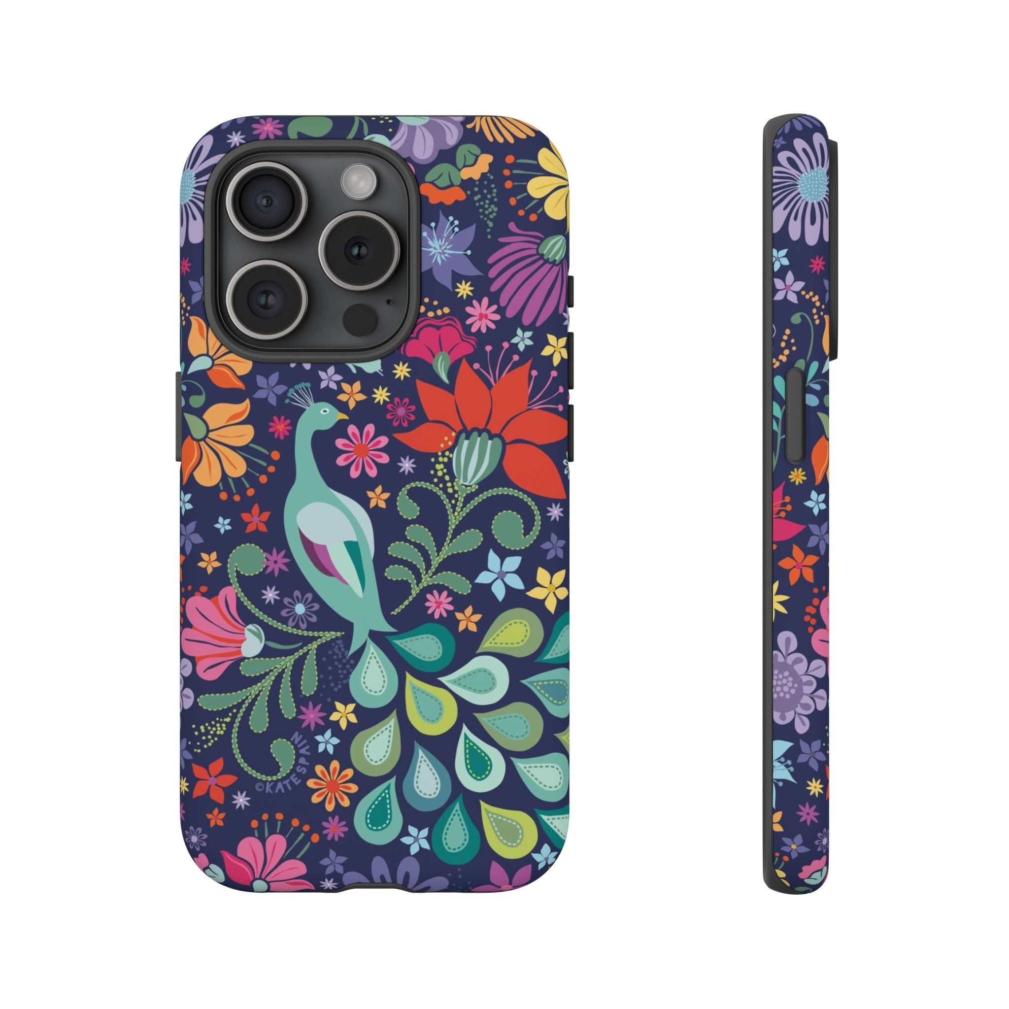 Peacock Sanctuary Tough iPhone 15 Pro Case – Matte | navy, teal, coral multicolor vibrant peacock feather botanical print
