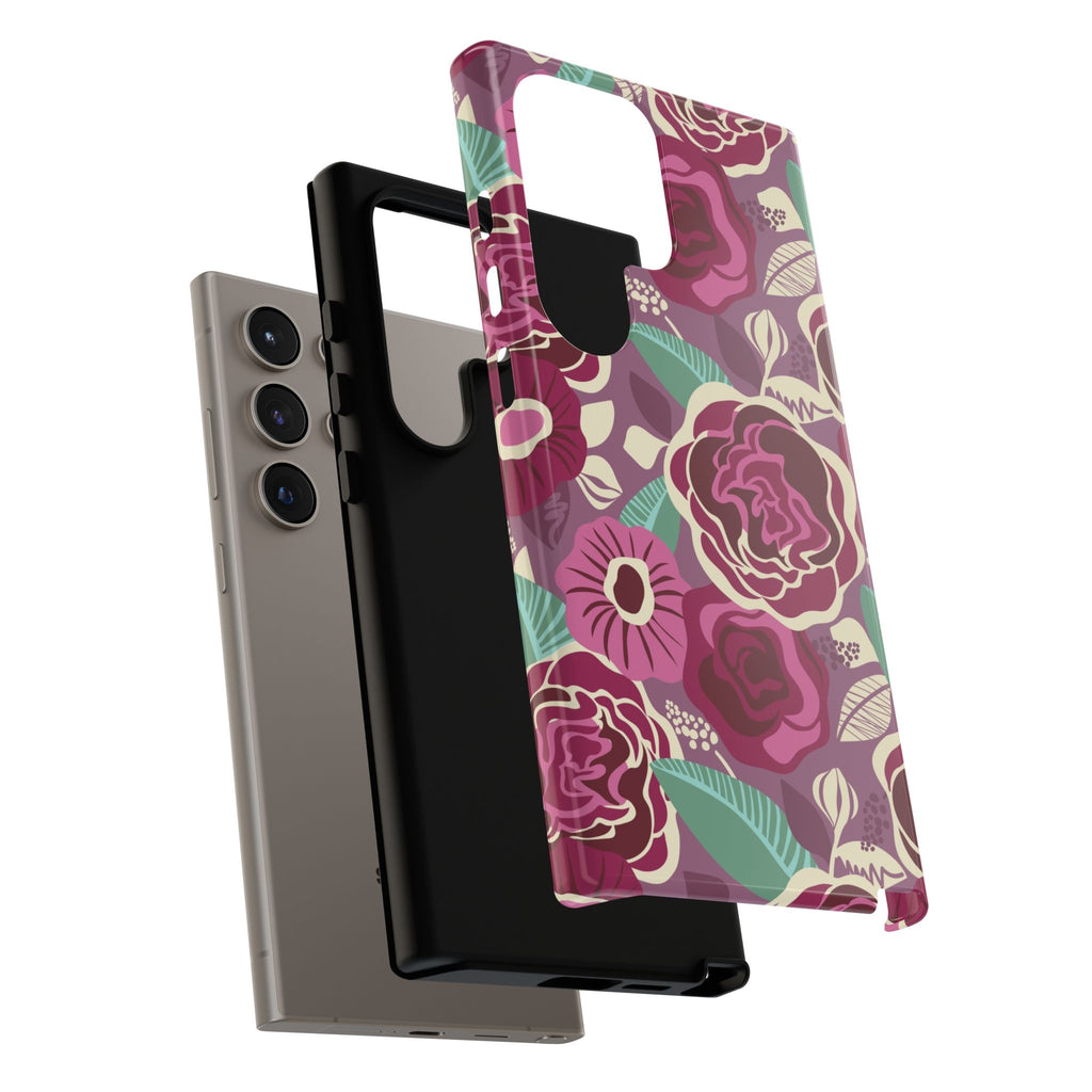 Luxury Tea Rose Burgundy Samsung Galaxy S24 Ultra Case – Glossy | Close-up of layer structure of case in burgundy, magenta, plum botanical rose floral print