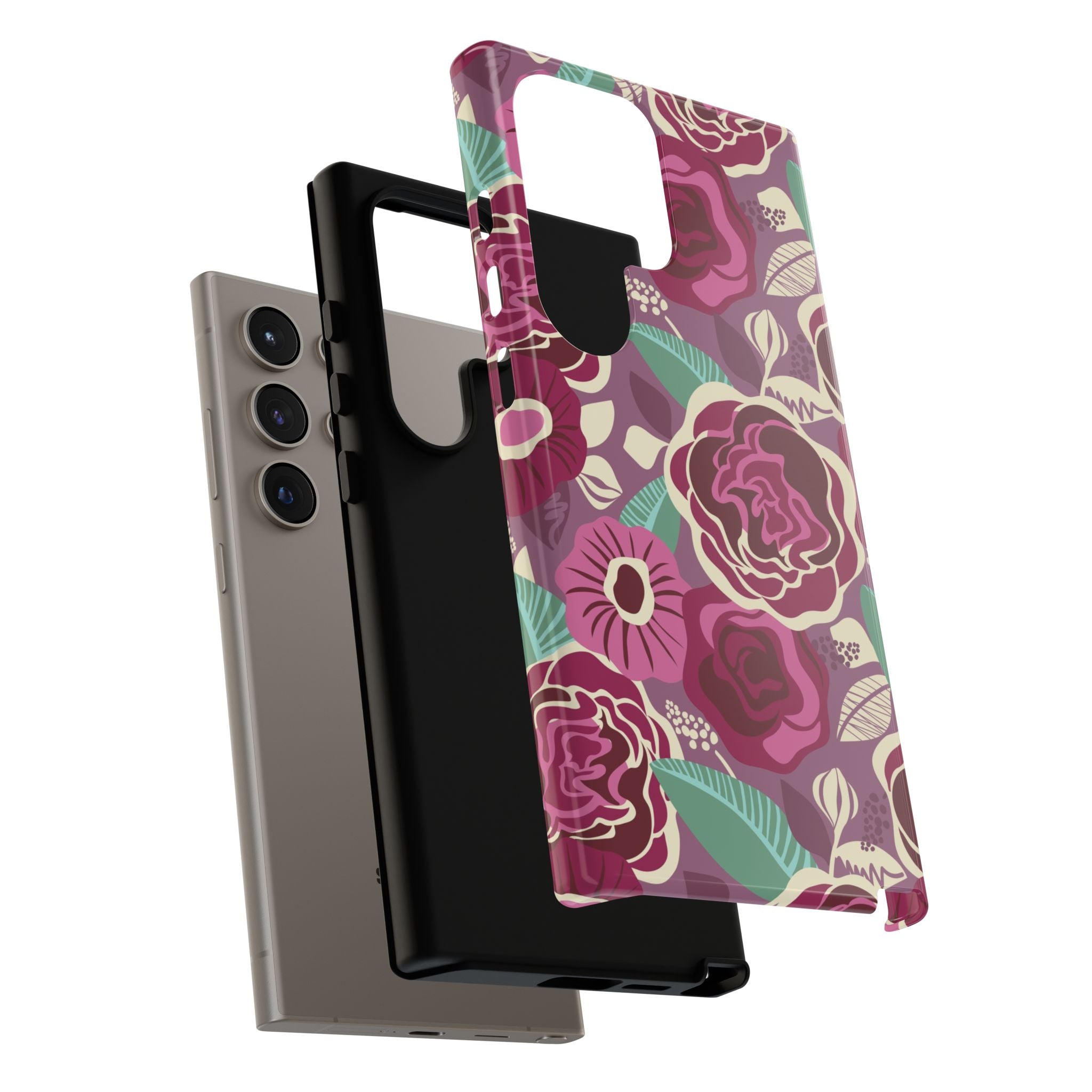 Luxury Tea Rose Burgundy Samsung Galaxy S24 Ultra Case – Glossy | Close-up of layer structure of case in burgundy, magenta, plum botanical rose floral print