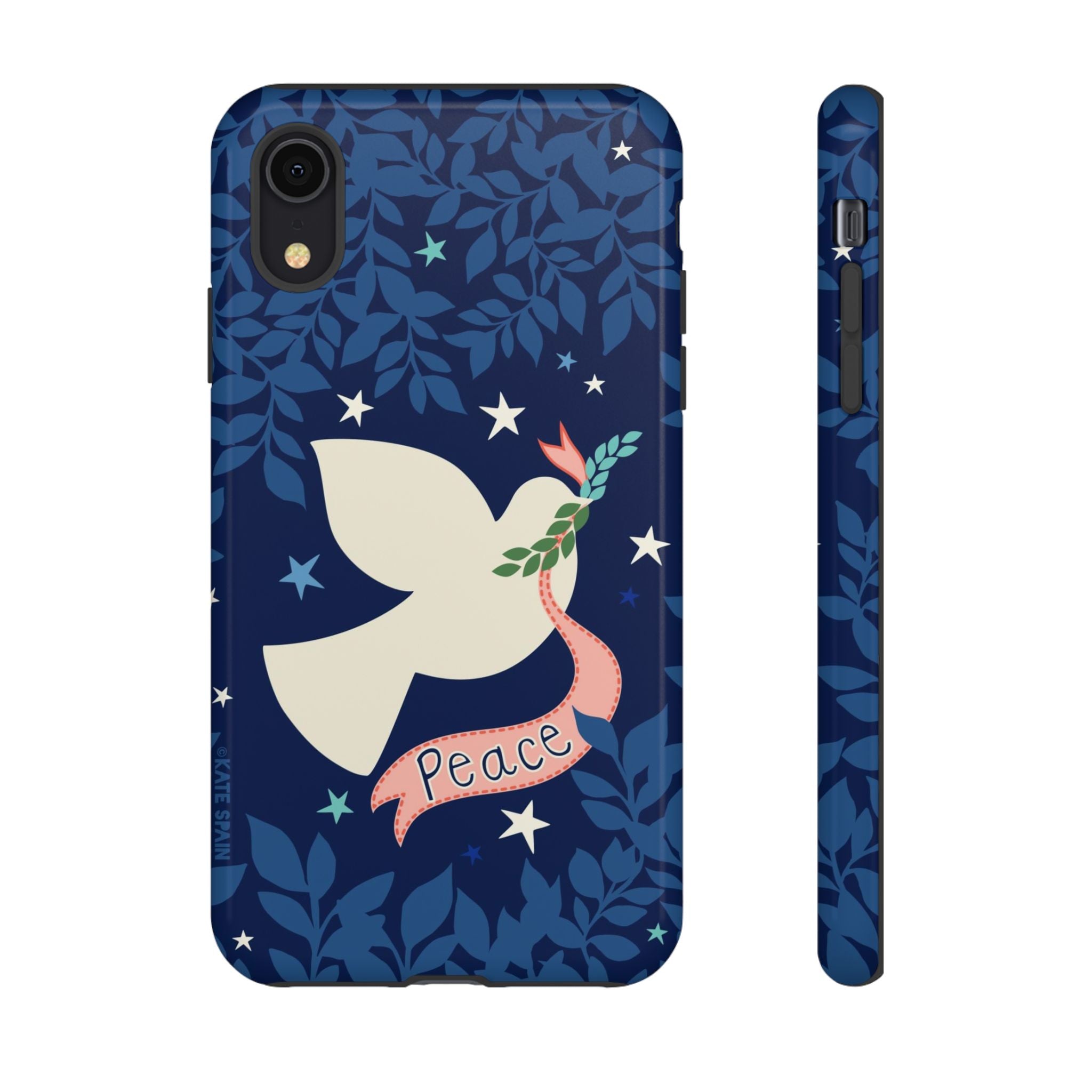 Peace Tough iPhone XR Case – Glossy | navy, cream peace dove, stars, botanical print