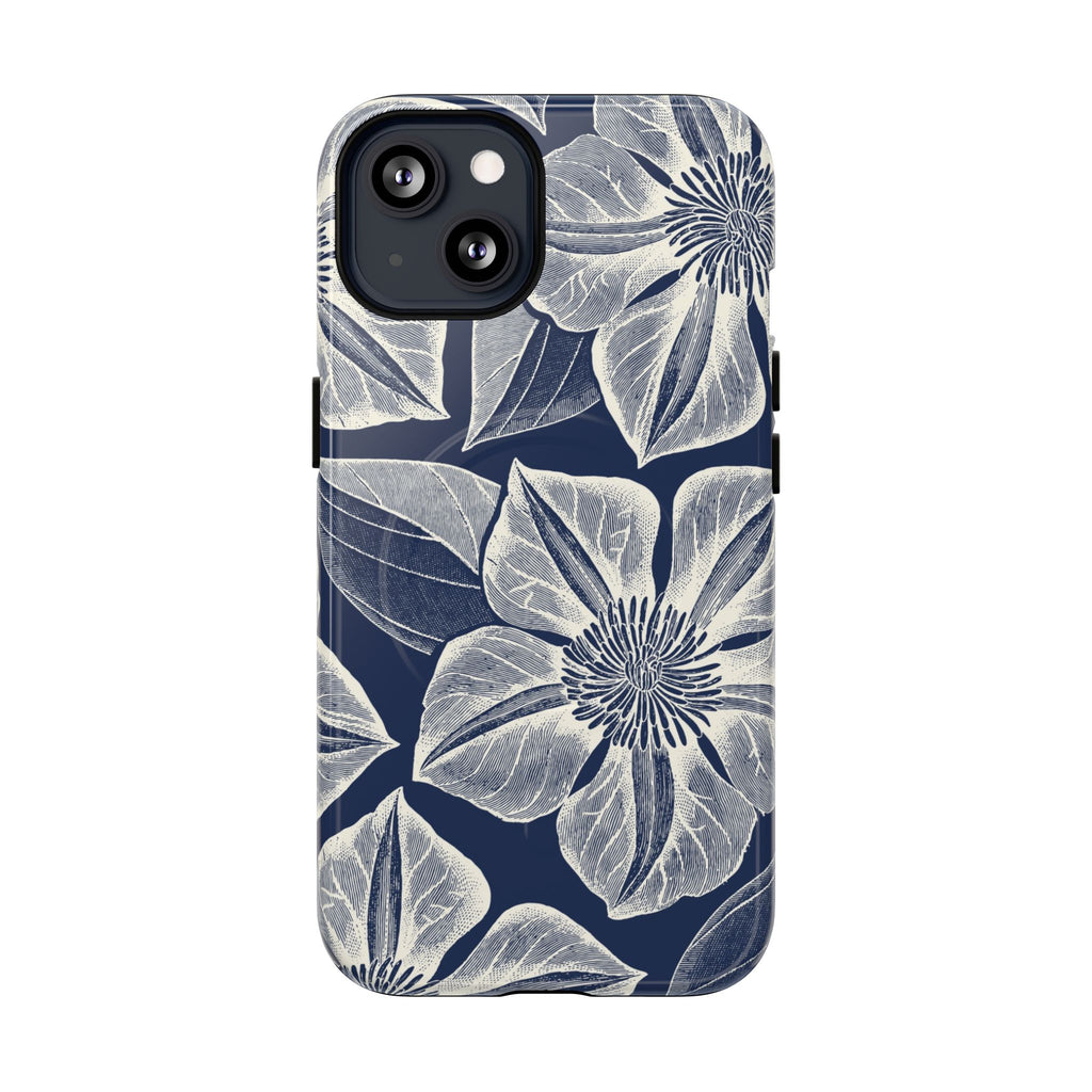 Vintage Bloom Navy MagSafe iPhone 13 Case – Glossy | navy ground, large-scale white clematis print, engraved petal detail, dual-layer protection