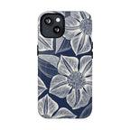 Vintage Bloom Navy MagSafe iPhone 13 Case – Glossy | navy ground, large-scale white clematis print, engraved petal detail, dual-layer protection