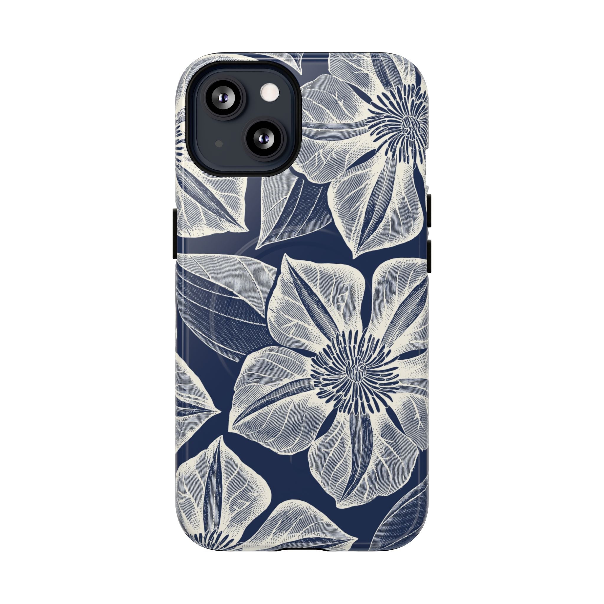 Vintage Bloom Navy MagSafe iPhone 13 Case – Glossy | navy ground, large-scale white clematis print, engraved petal detail, dual-layer protection
