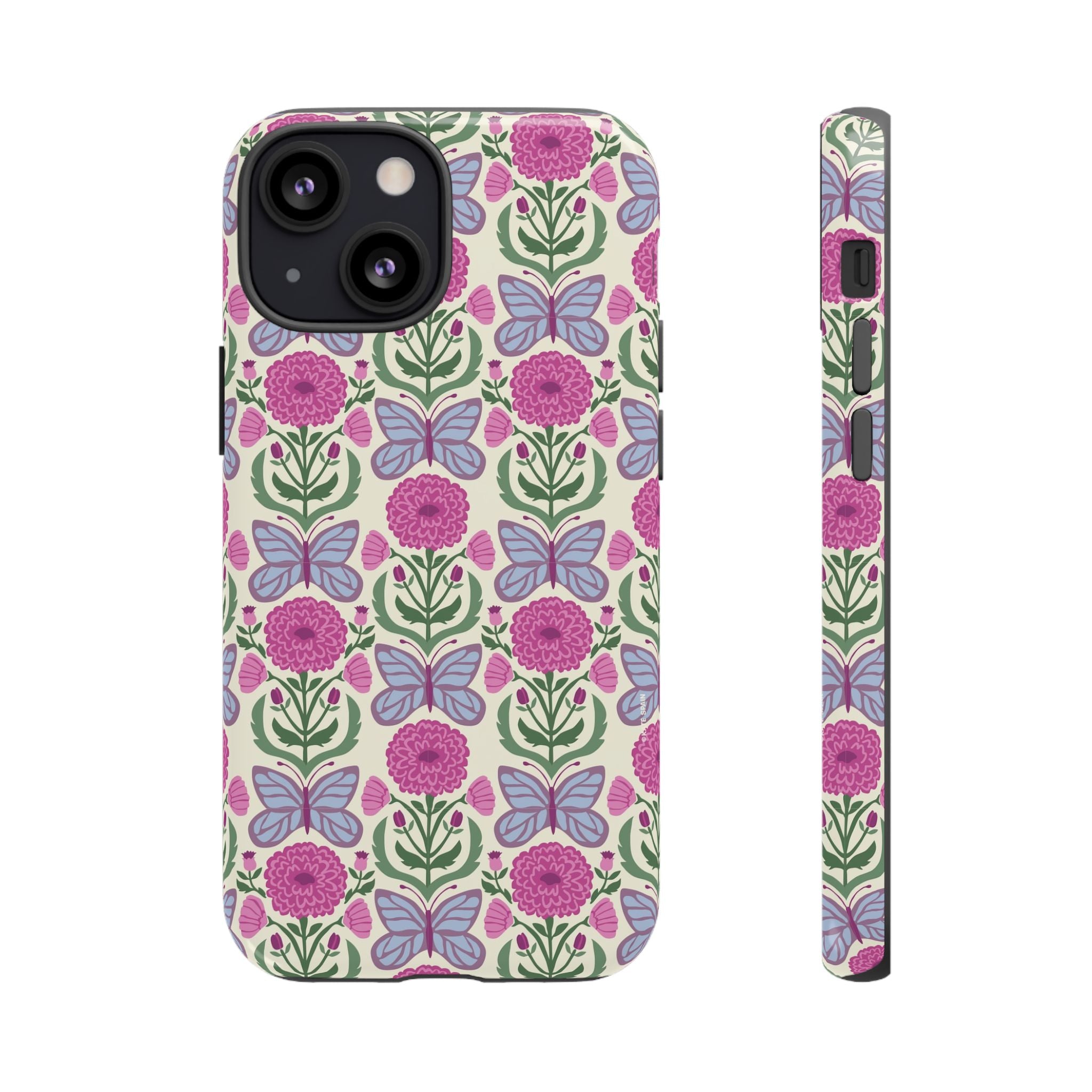 Butterfly Tough iPhone 13 Mini Case – Glossy | cream, magenta, periwinkle butterfly floral print