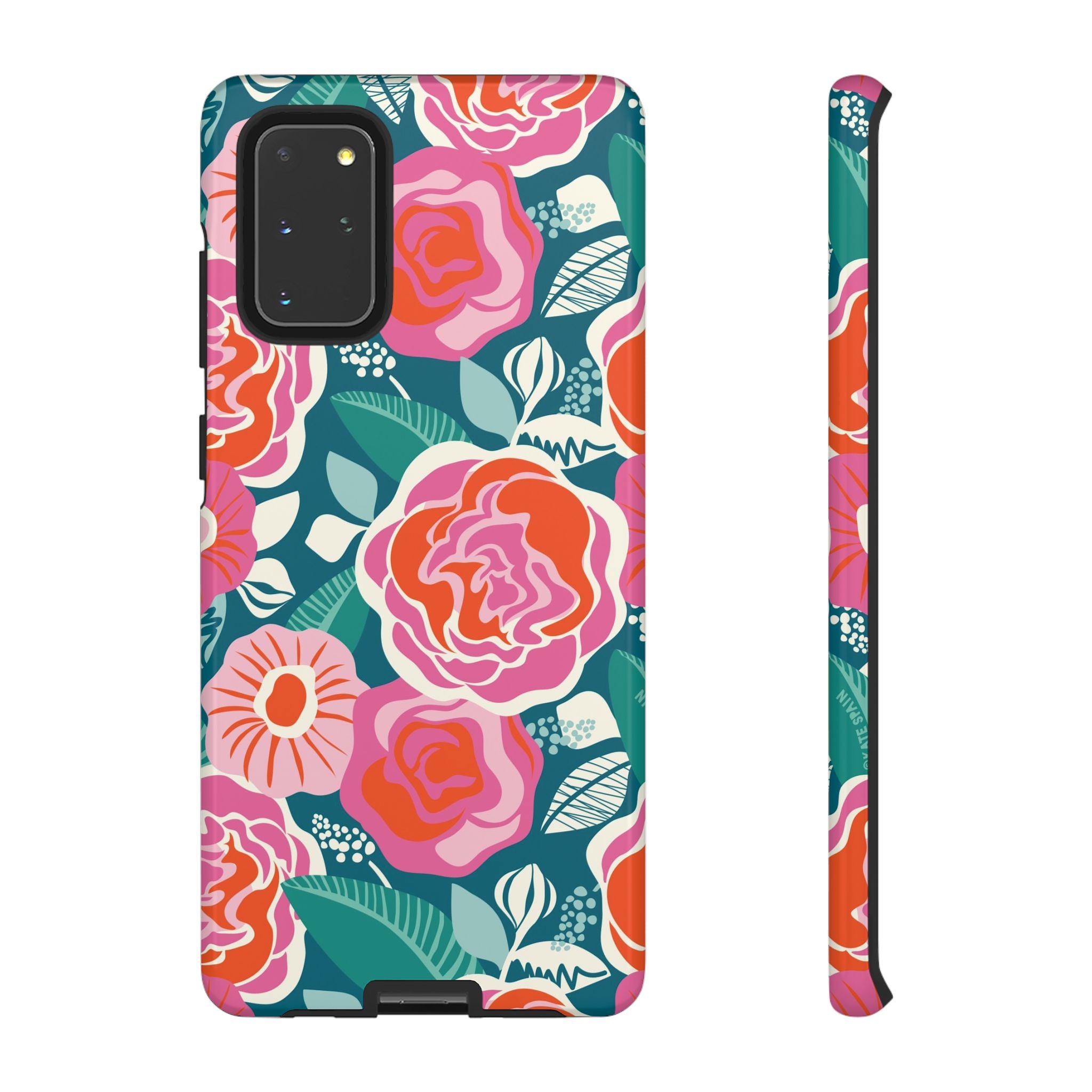 Luxury Tea Rose Teal Samsung Galaxy S20+ Case – Glossy | teal, coral, pink botanical rose floral prints