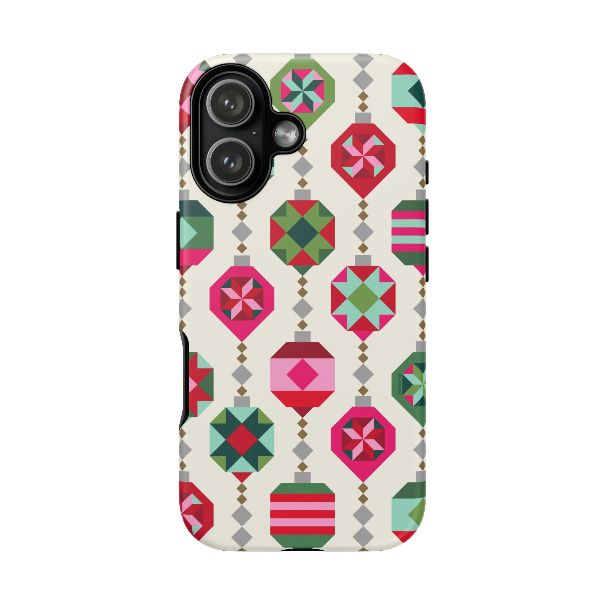 Felicity Ornaments Tough iPhone 17 Case – Matte | cream, red, pink, green, mint geometric quilted ornament print