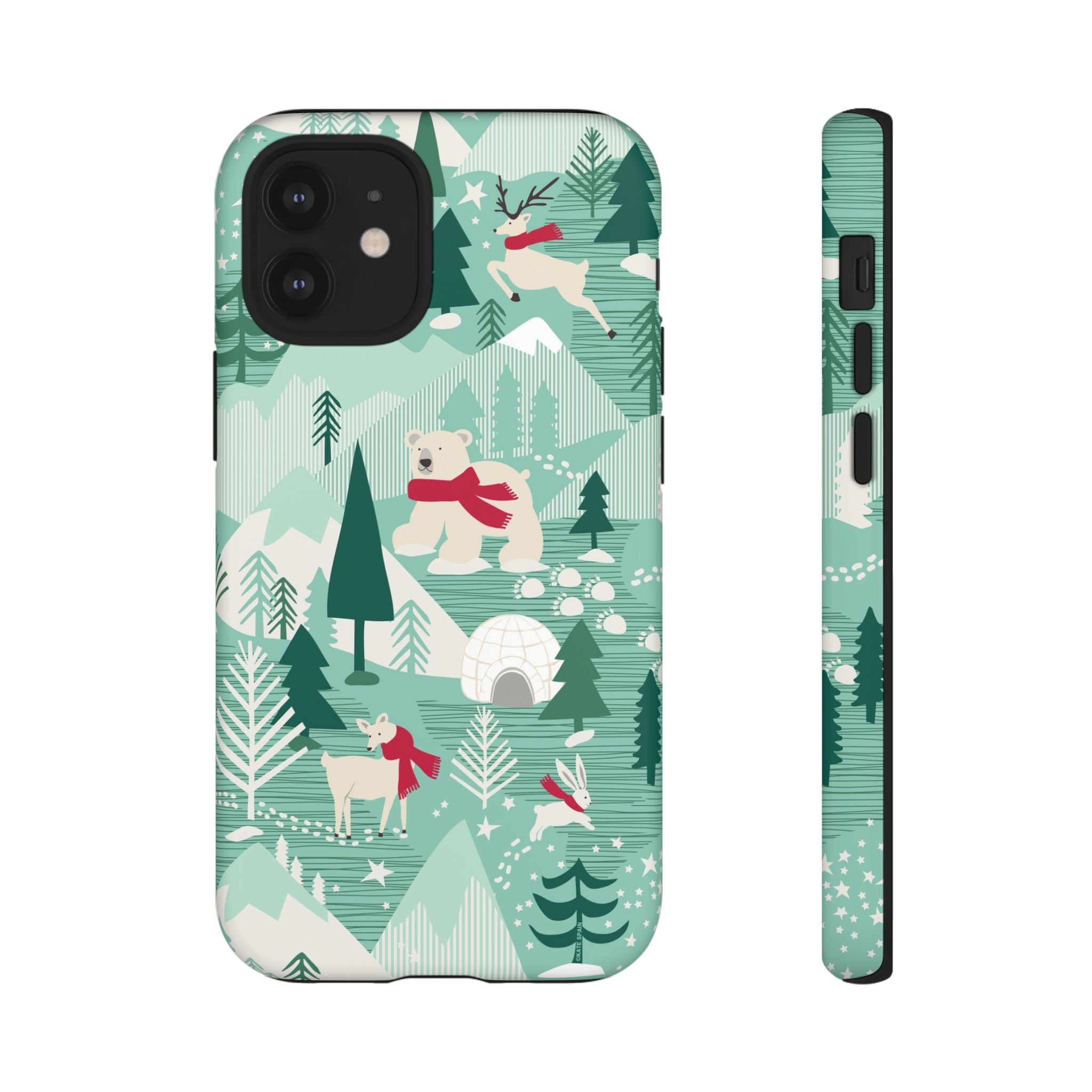 Arctica Winter Tough iPhone 12 Mini Case – Matte | aqua, evergreen, white, animal frolic winter wonderland print