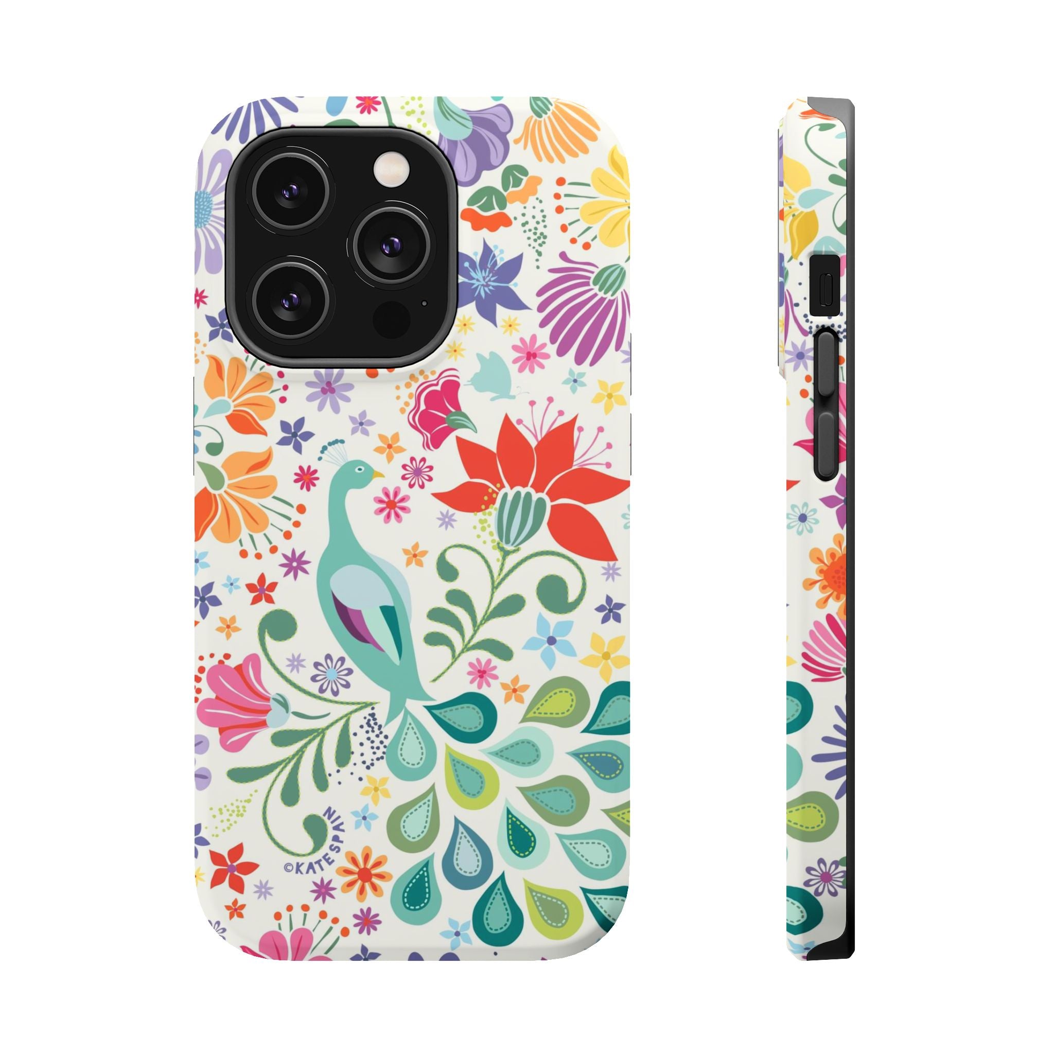 Peacock Sanctuary MagSafe iPhone 14 Pro Case – Matte | ivory, teal, navy peacock botanical print MagSafe compatible, dual-layer protection