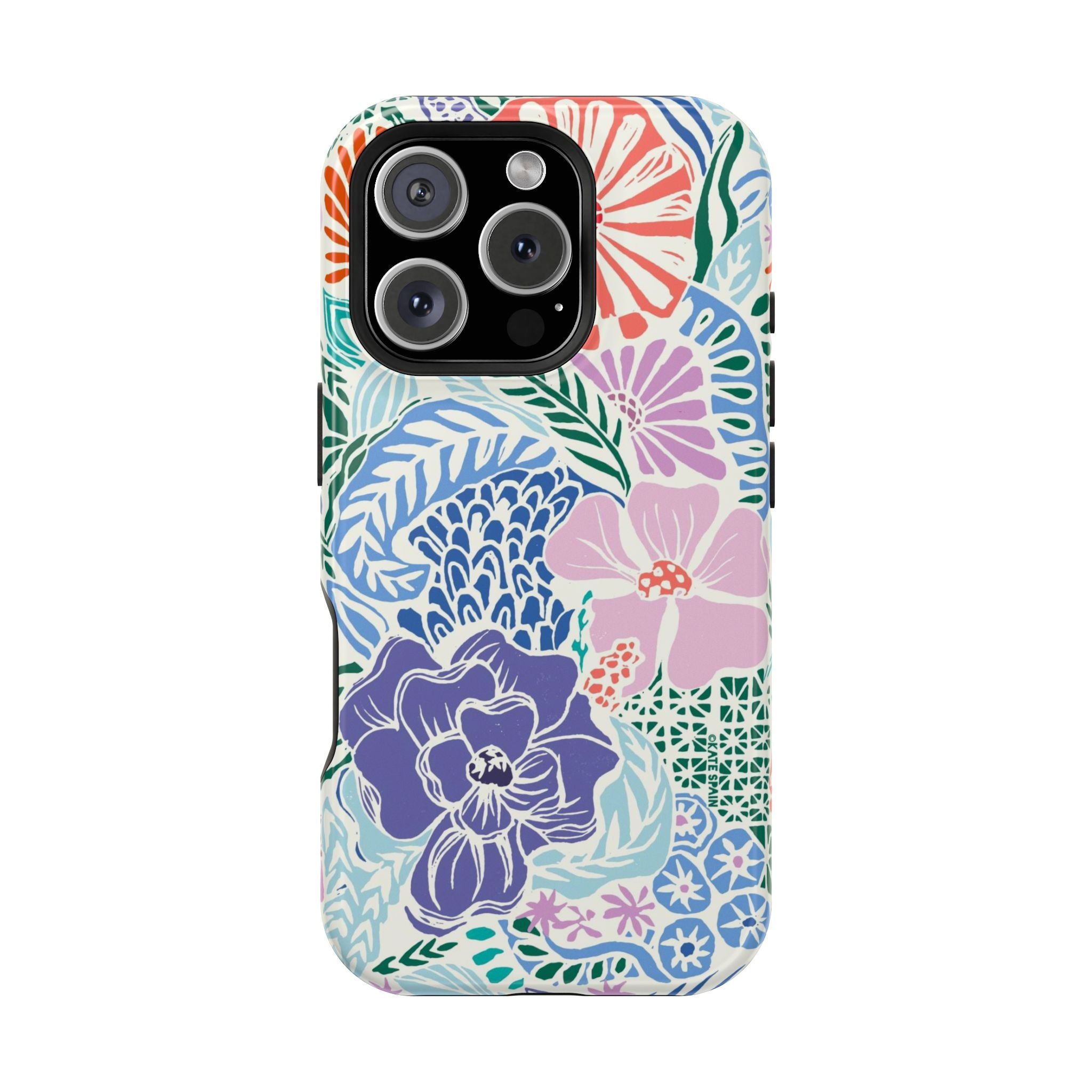 Tropica MagSafe iPhone 15 Pro Max Case – Glossy | purple, coral, pink, blue botanical tropical floral print MagSafe compatible, dual-layer protection