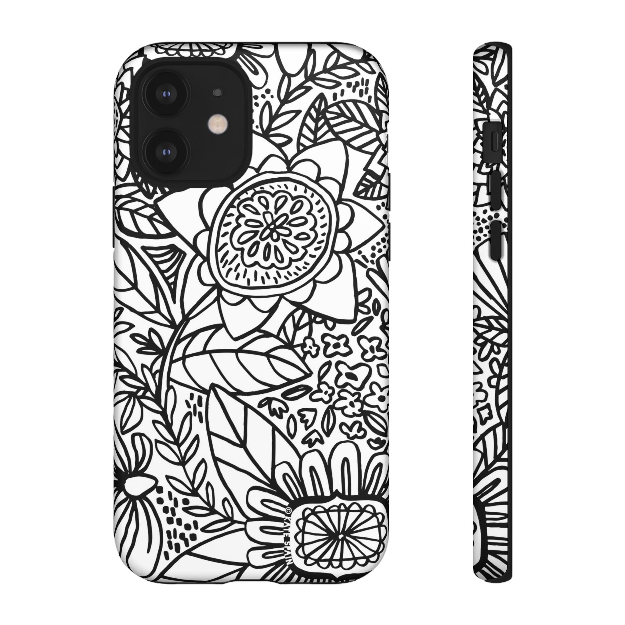 Esprit Tough iPhone 12 Case – Matte | white, black botanical line art floral print