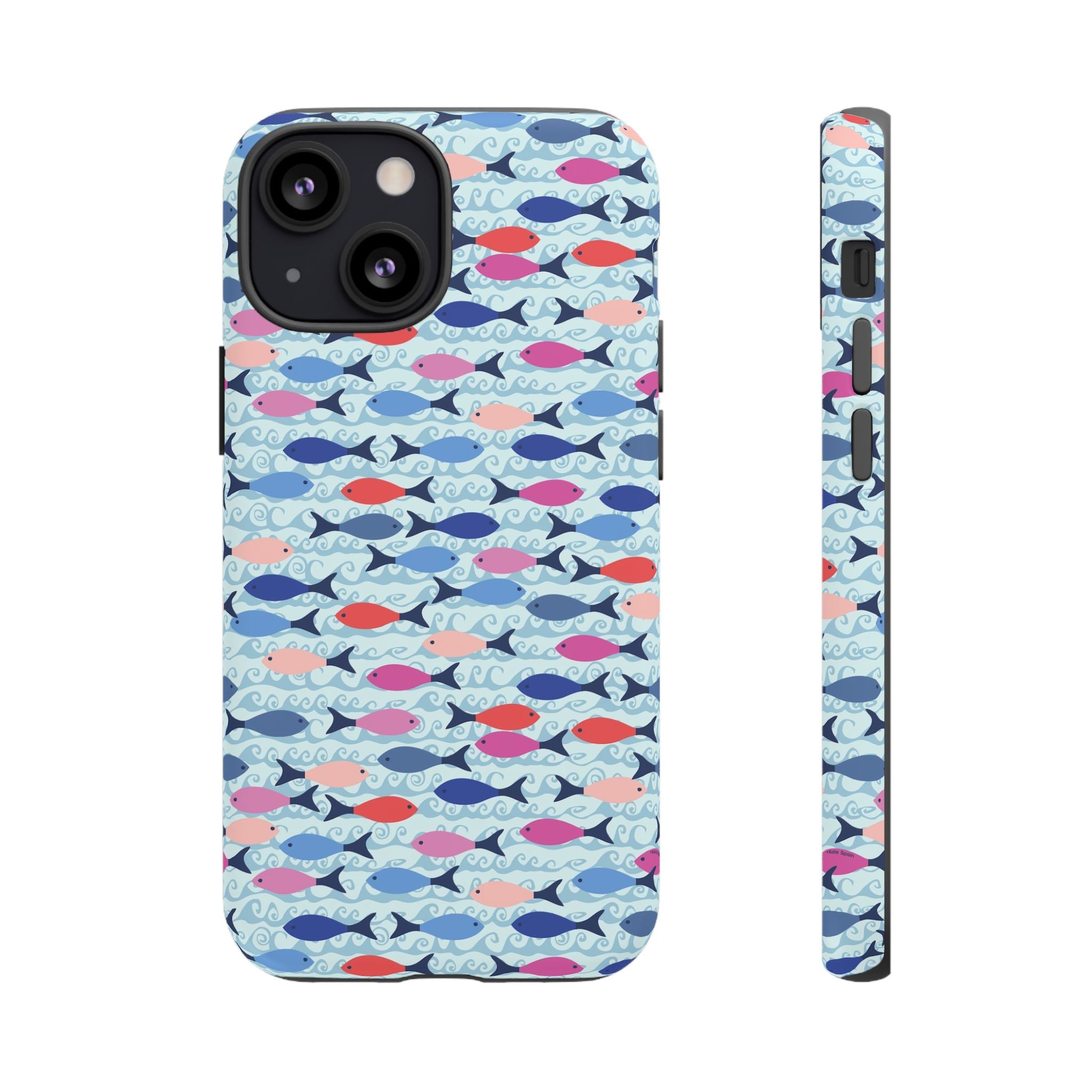 Summer Minnows Tough iPhone 13 Mini Case – Matte | navy, coral, pink, and periwinkle fish on a pale aqua ground