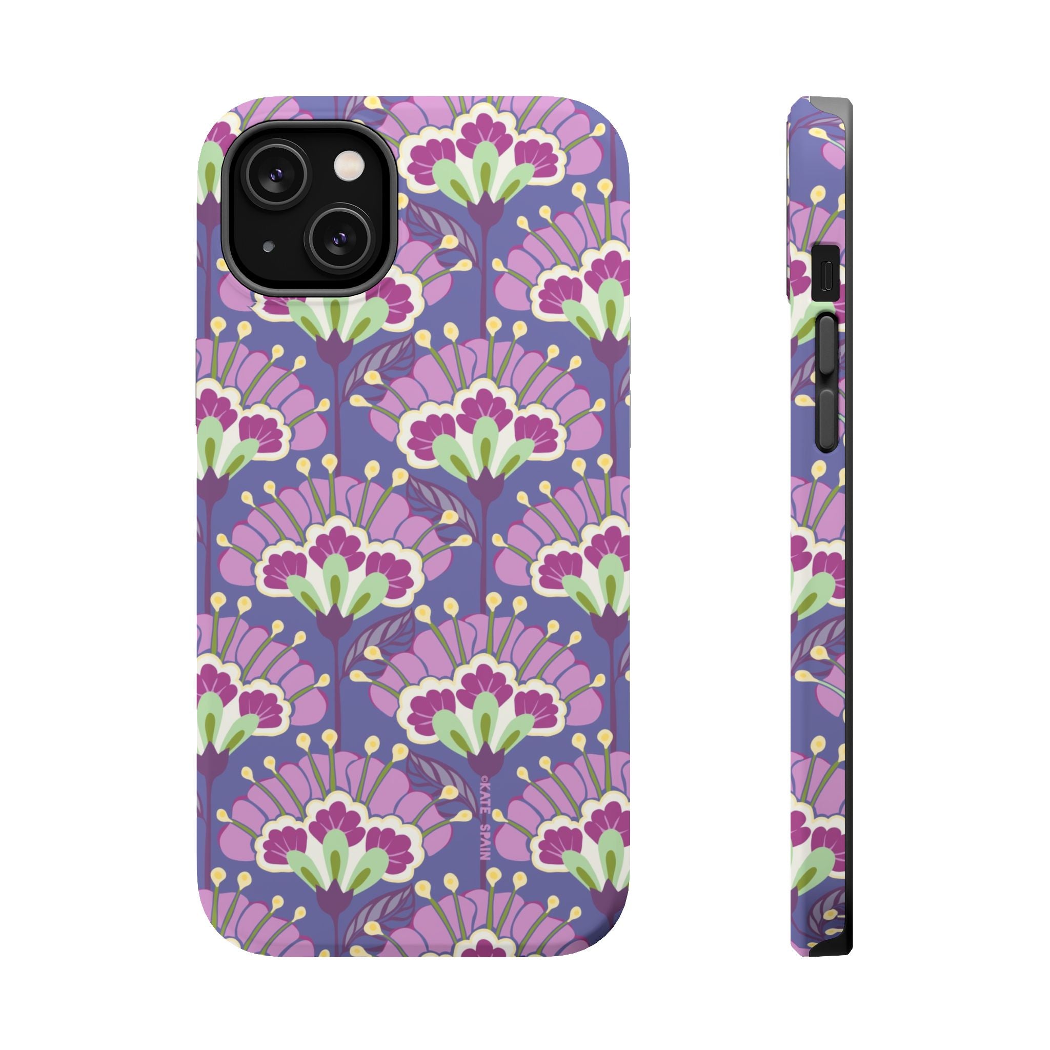 Lantern Flower MagSafe iPhone 14 Plus Case – Matte | periwinkle, purple, mauve, sage botanical lantern floral print MagSafe compatible, dual-layer protection