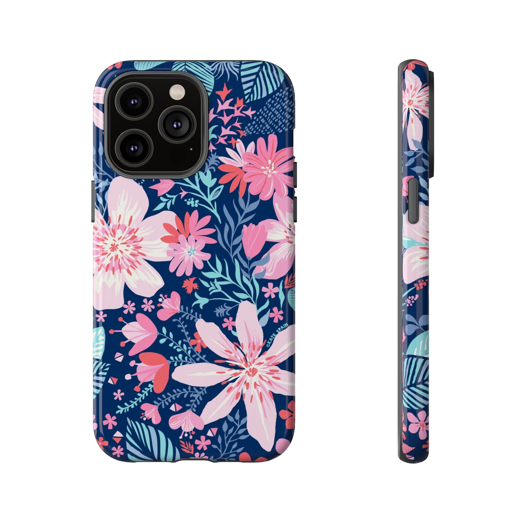 Bonaire Tough iPhone 14 Pro Max Case – Glossy | navy, pink, white tropical floral botanical print