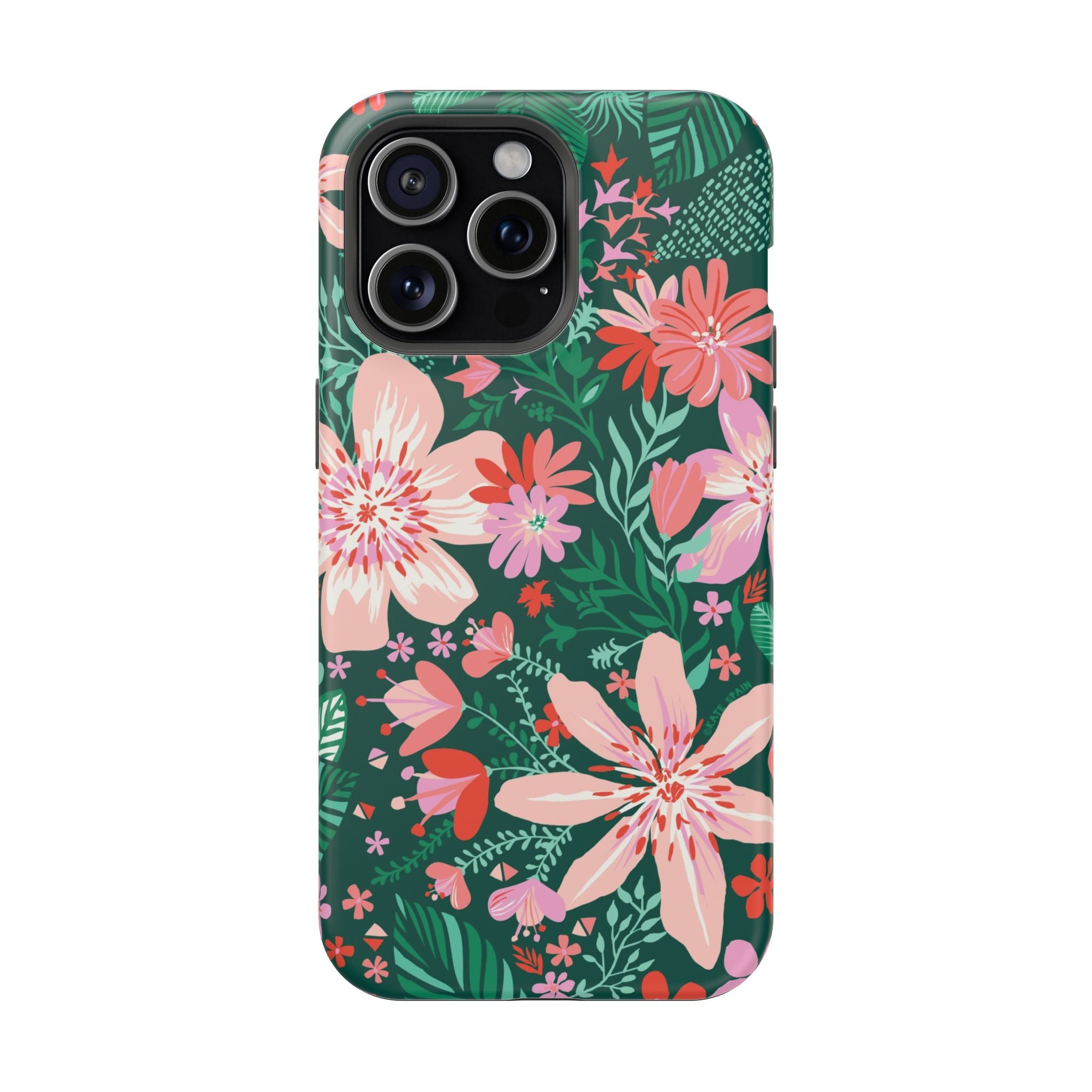 Bonaire MagSafe iPhone 15 Pro Max Case – Matte | forest green, blush, coral tropical floral print