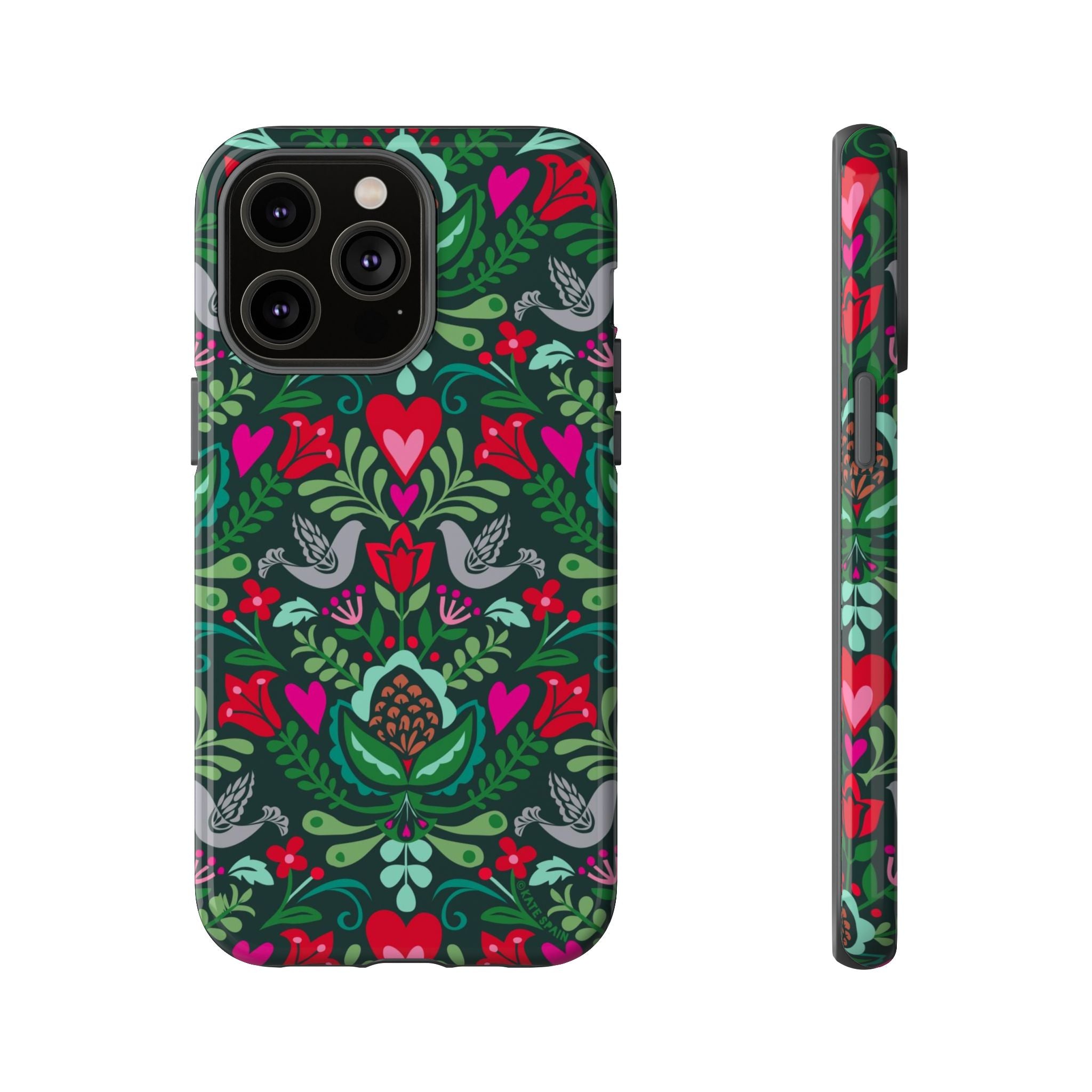 Rosemaling Tough iPhone 14 Pro Max Case – Glossy | dark green, red, pink, gray folk art floral bird print