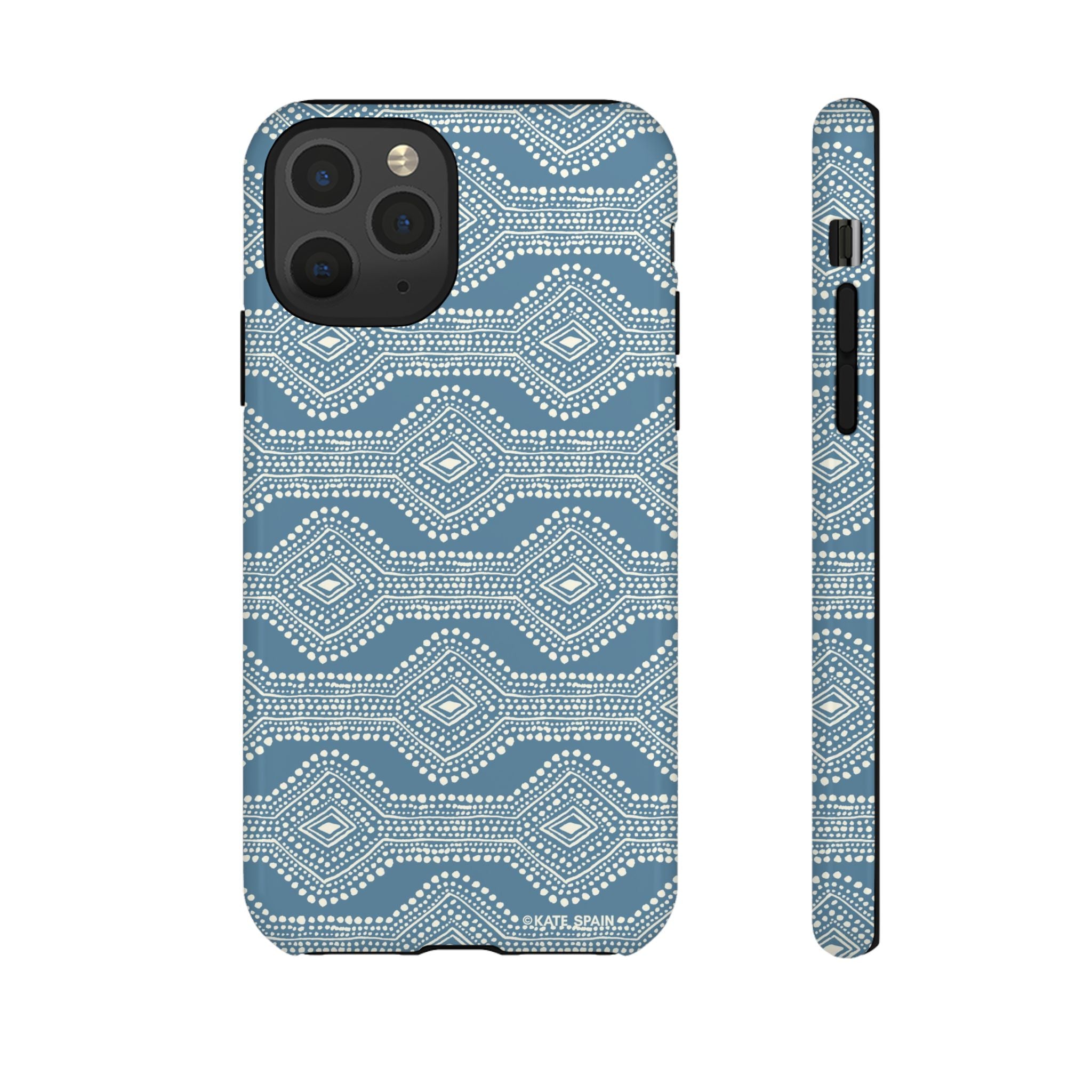 Diamond Dots Tough iPhone 11 Pro Case – Glossy | steel blue, white diamond dot geometric print