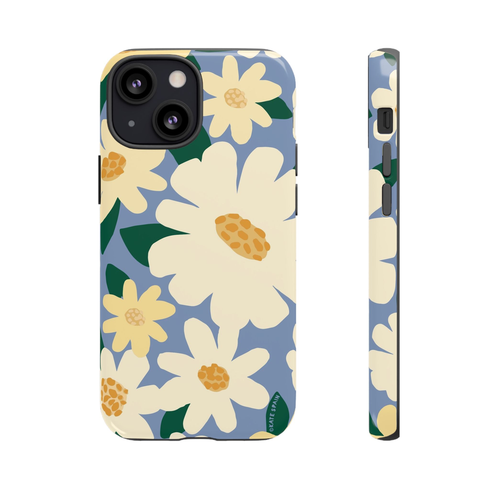 Chamomile Tough iPhone 13 Mini Case – Glossy | periwinkle, cream, yellow botanical daisy floral print