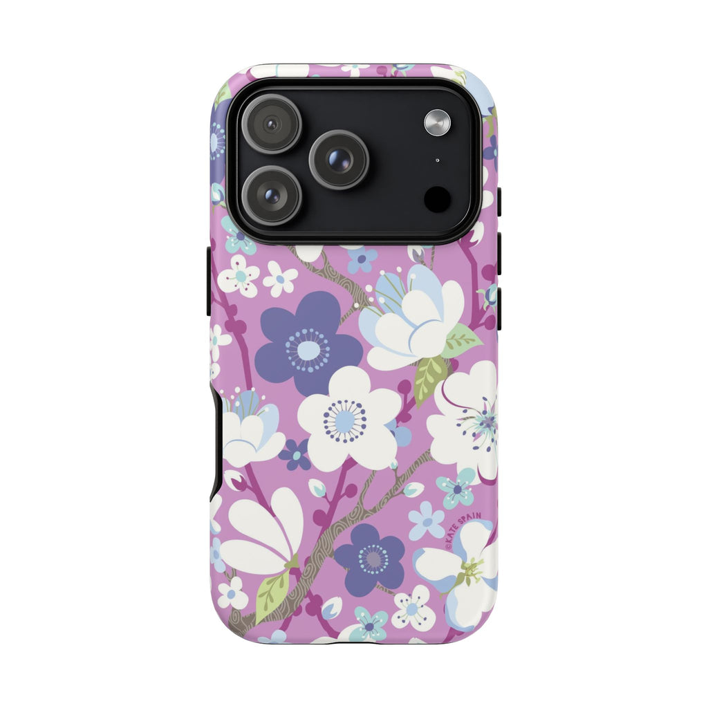 Purple Cherry Blossom Tough iPhone 17 Pro Case – Glossy | mauve, purple, blue, white cherry blossom print